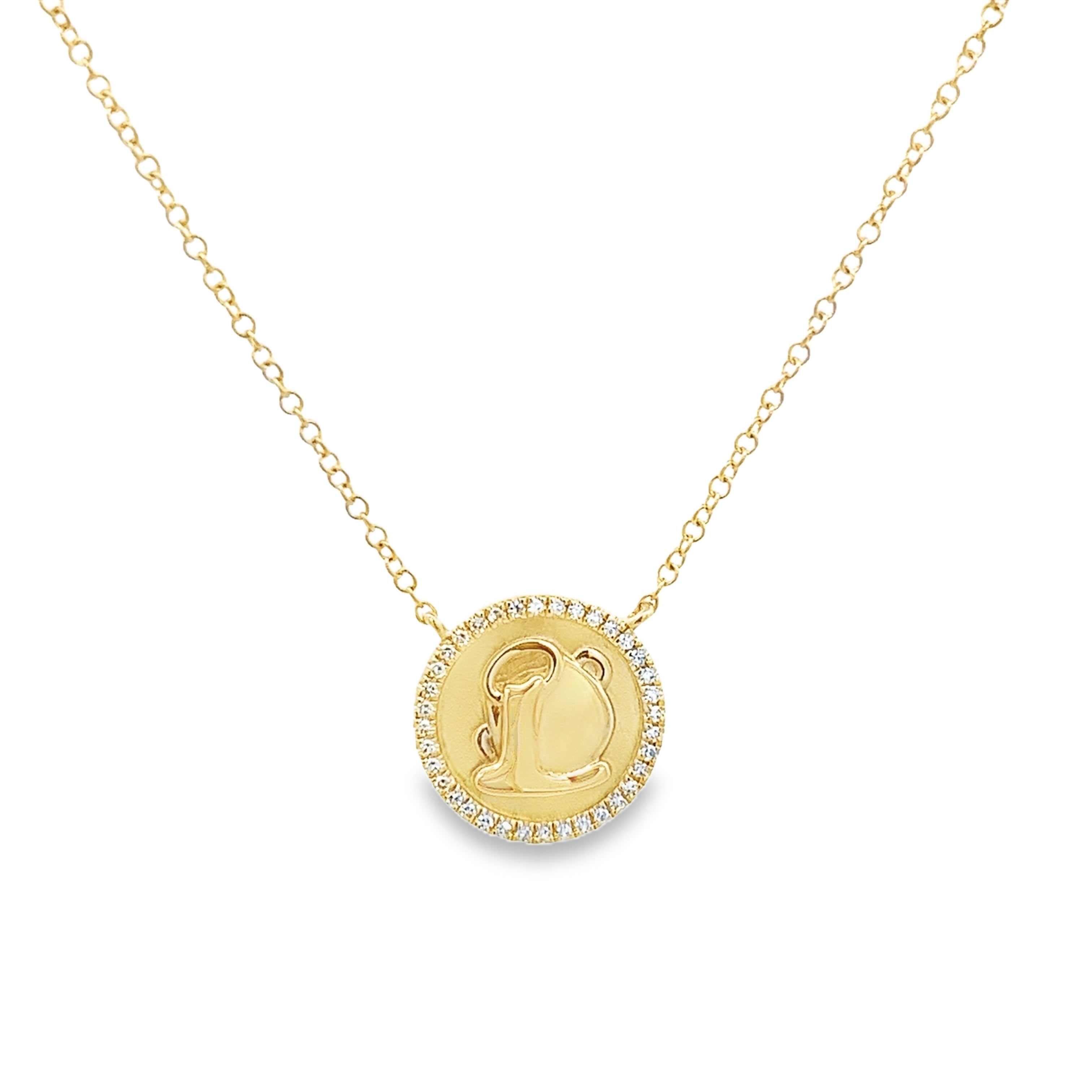 AQUARIUS ZODIAC PENDANT WITH DIAMOND HALO NECKLACE IN 14K YELLOW GOLD