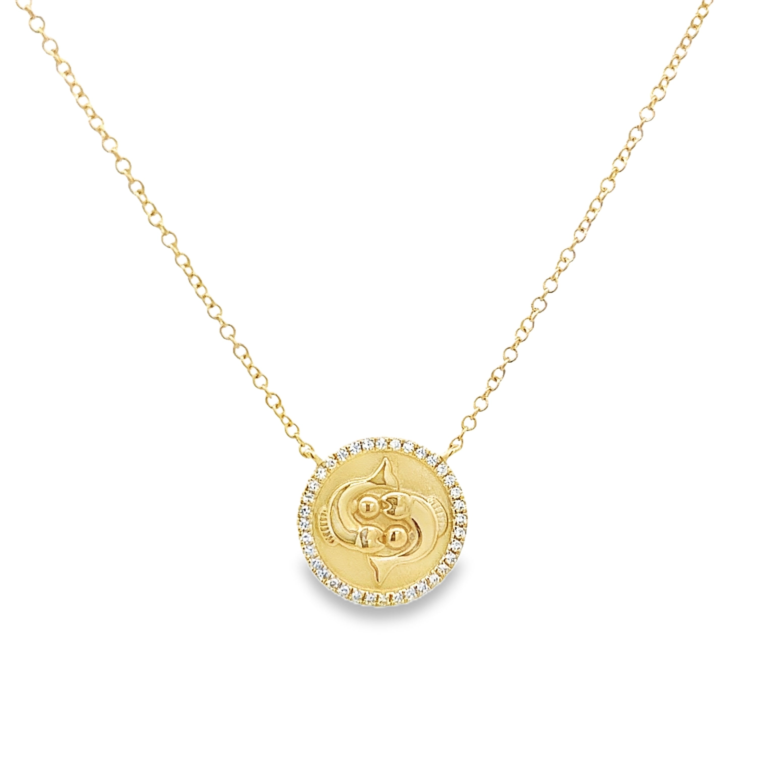 PISCES ZODIAC PENDANT WITH DIAMOND HALO NECKLACE IN 14K YELLOW GOLD