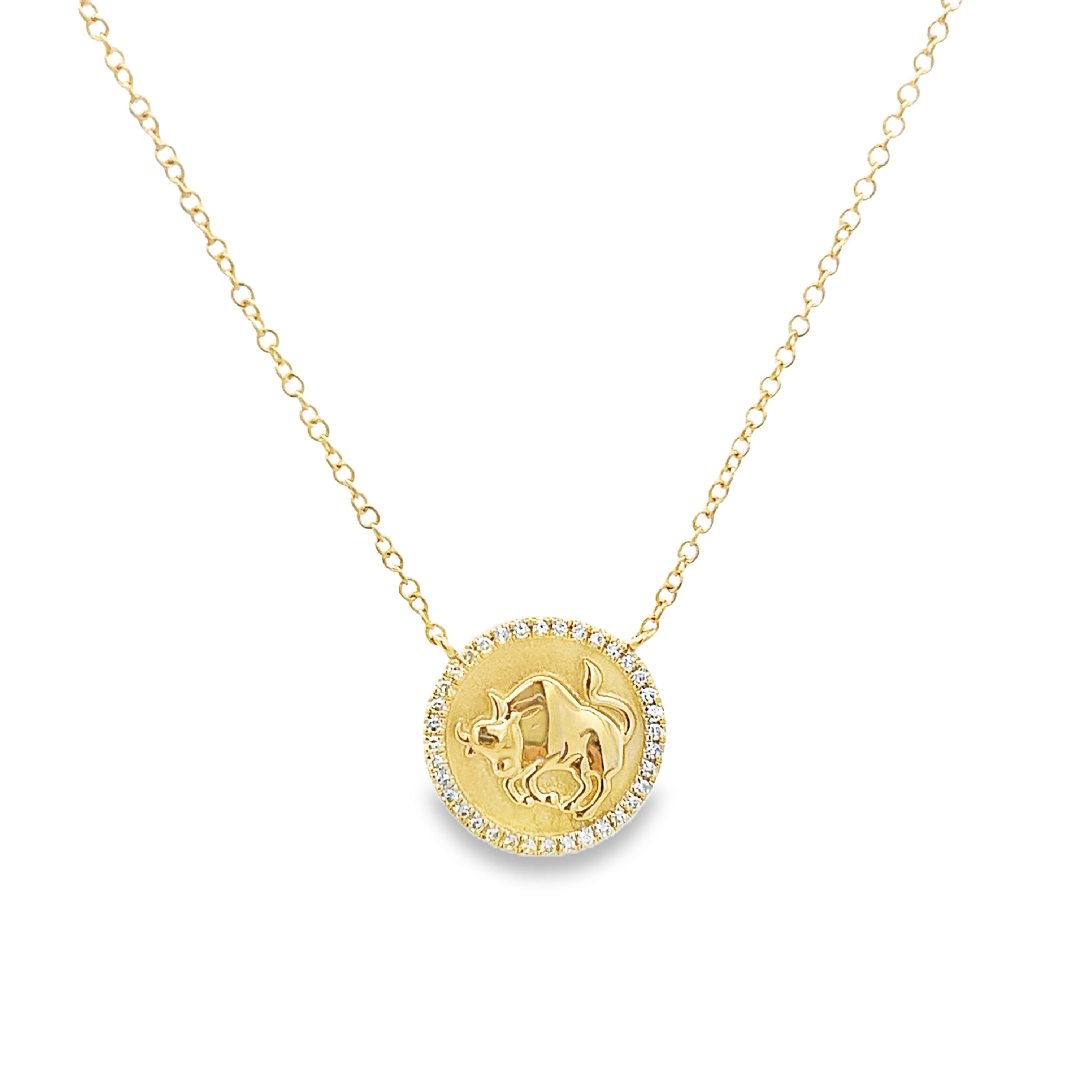 TAURUS ZODIAC PENDANT WITH DIAMOND HALO NECKLACE IN 14K YELLOW GOLD