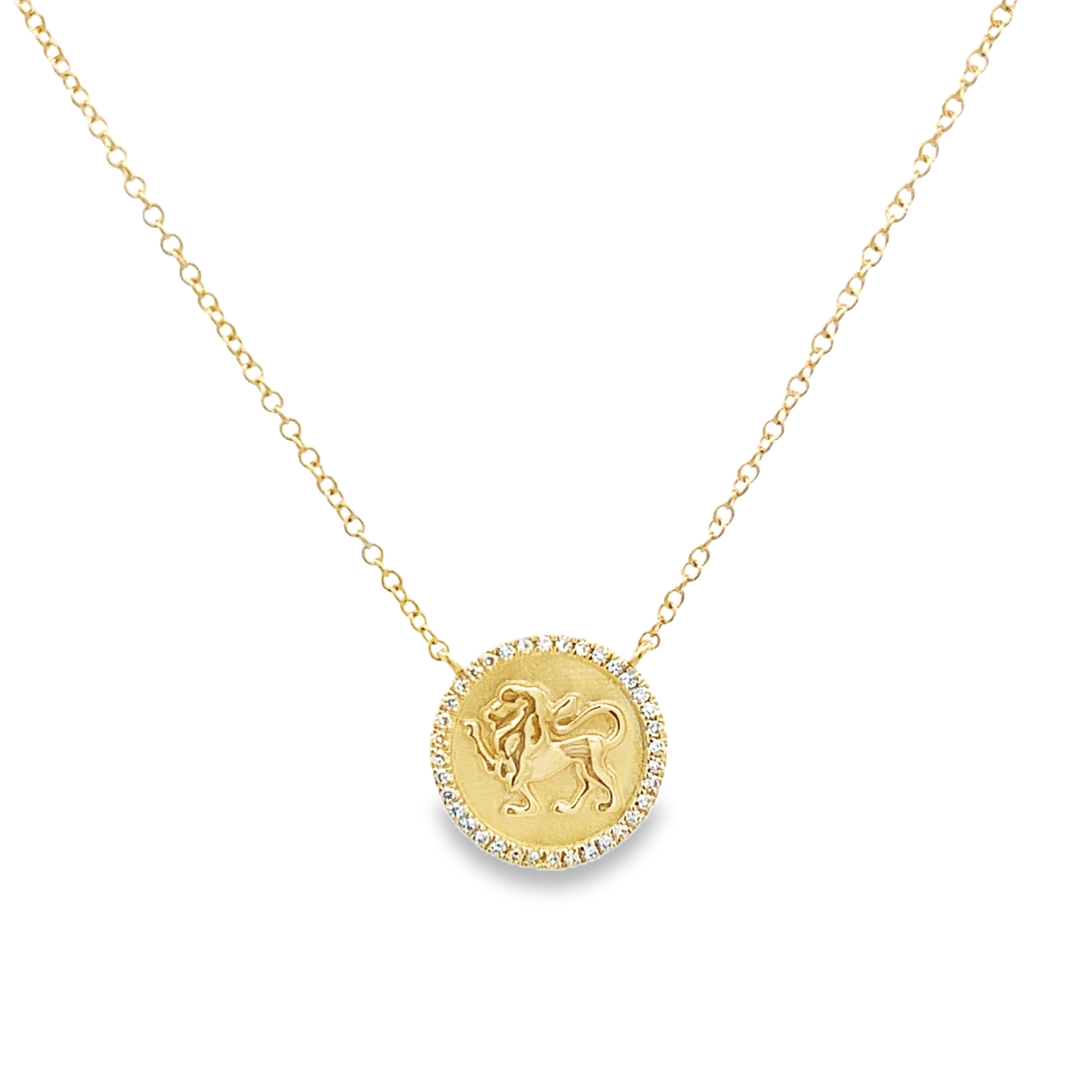 COLGANTE ZODIACO LEO CON COLLAR CON HALO DE DIAMANTES EN ORO AMARILLO DE 14 K