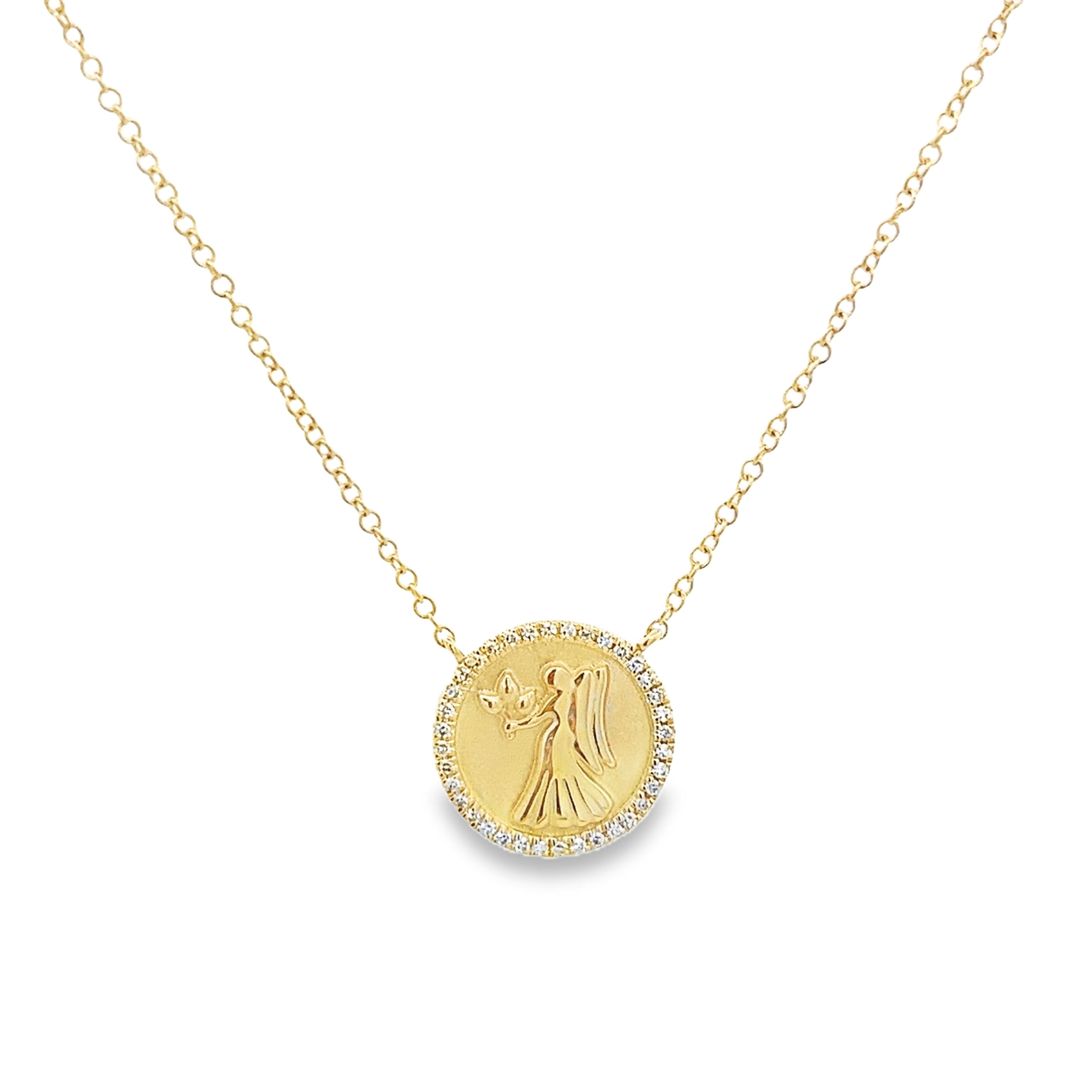 COLGANTE DEL ZODIACO VIRGO CON COLLAR CON HALO DE DIAMANTES EN ORO AMARILLO DE 14 K