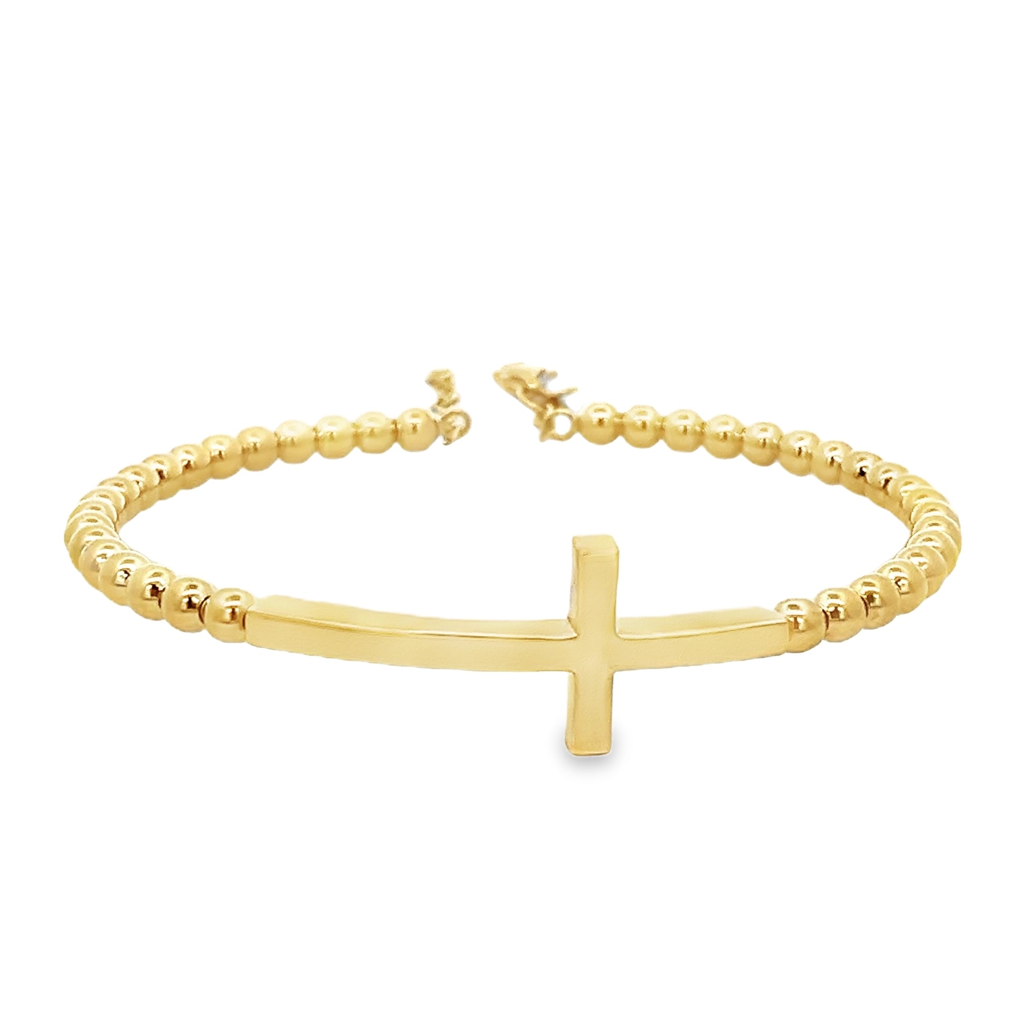 CROSS AND BEADS BANGLE BRACELET IN 14K YELLOW GOLD