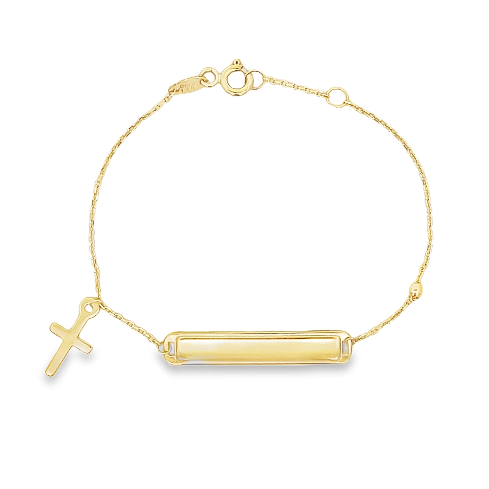 PULSERA CON BARRA Y CRUZ GRABABLE EN ORO AMARILLO DE 14K