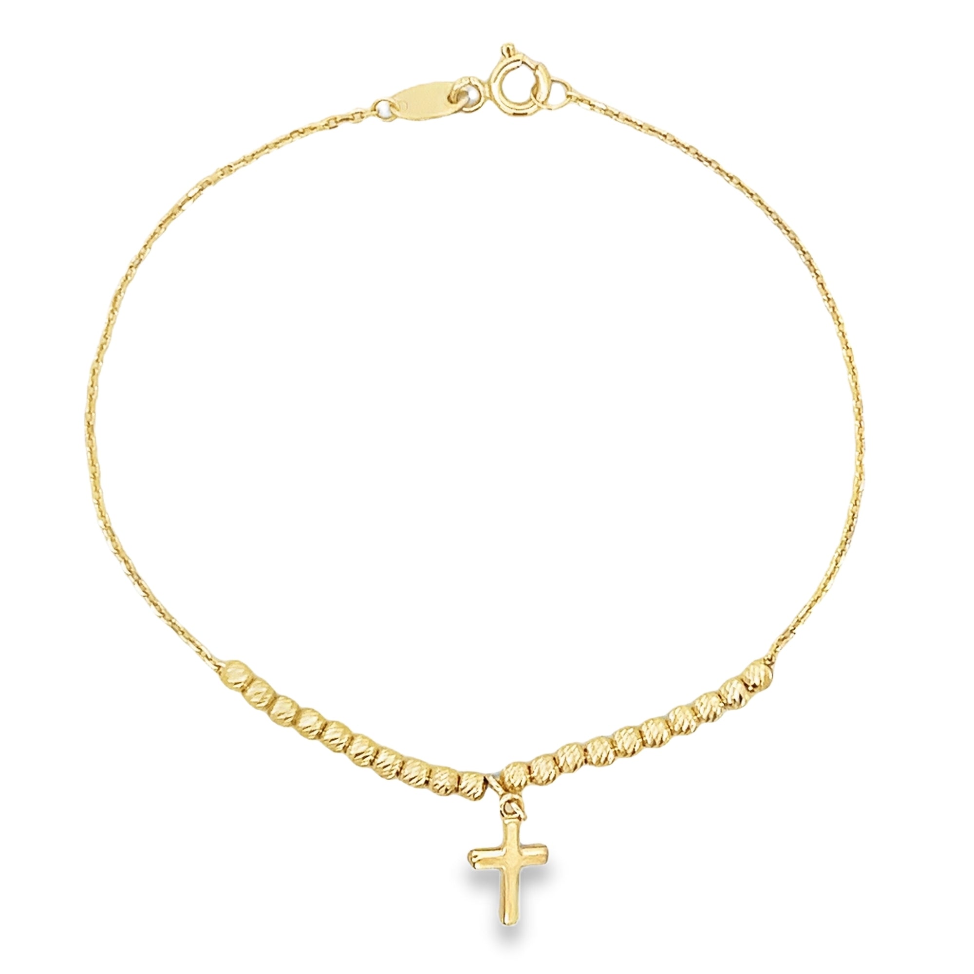 PULSERA CON BARRA DE CUENTAS TEXTURIZADA Y CRUZ EN ORO AMARILLO DE 14K