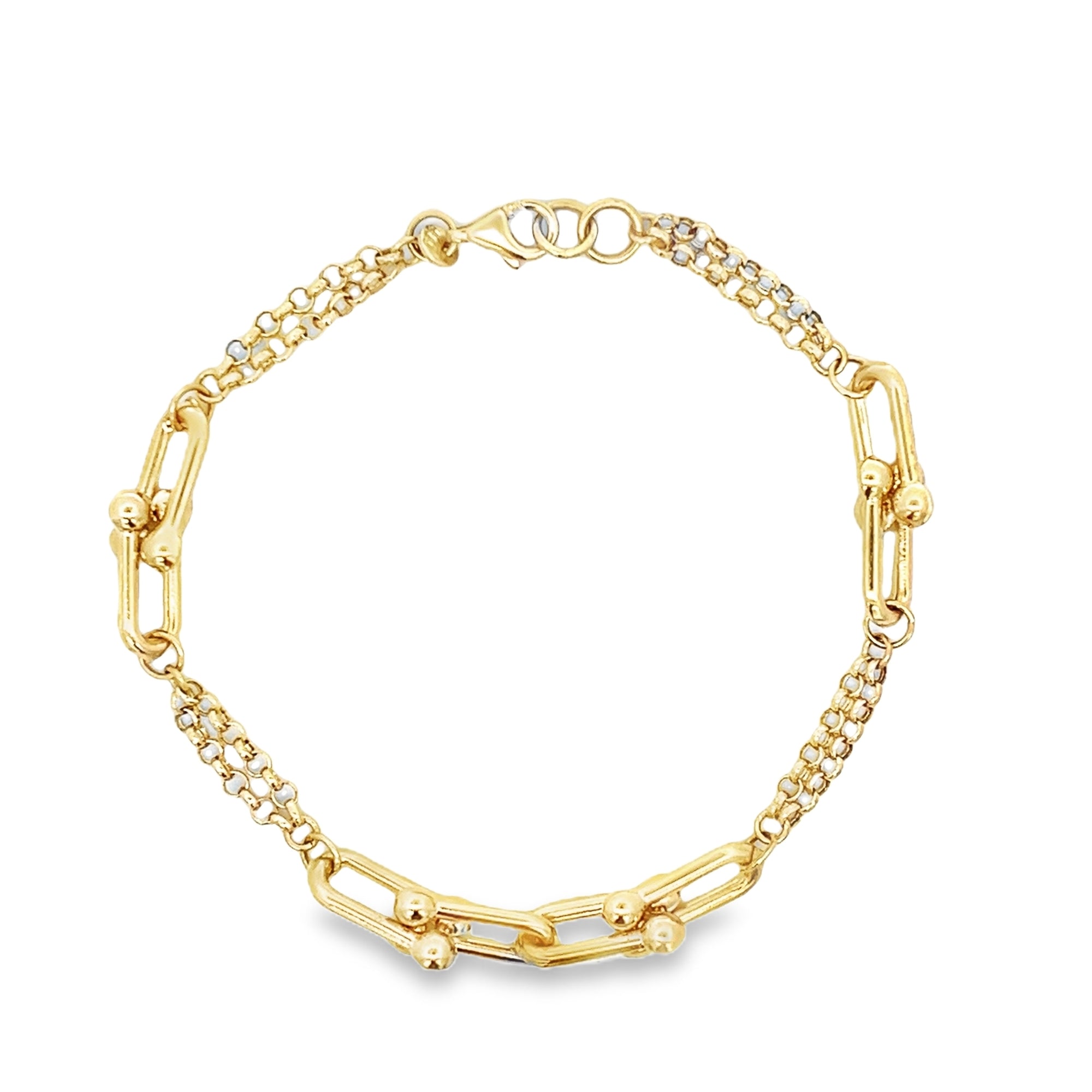 PULSERA DE CADENA DE ESLABONES Y CADENA ROLO EN ORO AMARILLO DE 14K