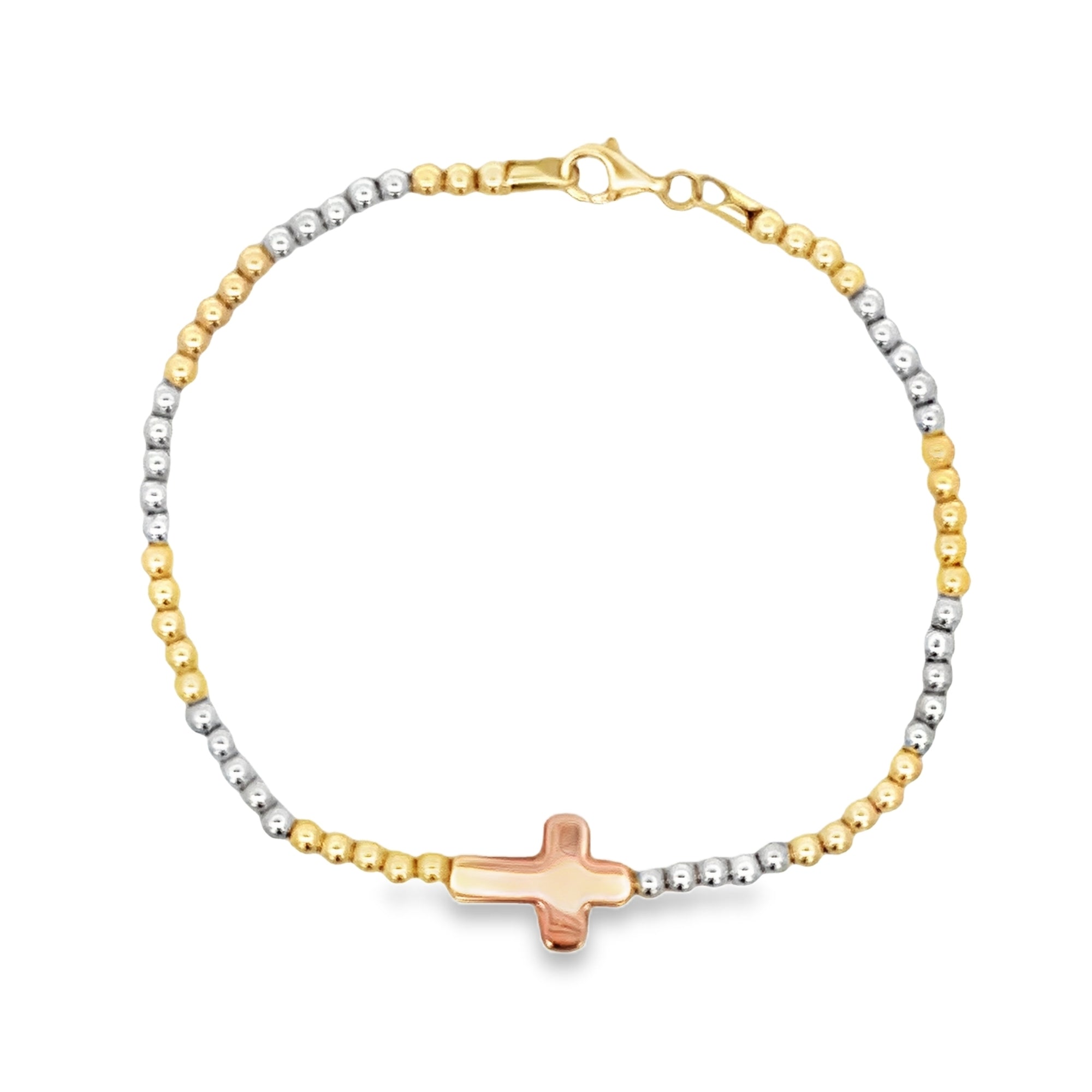 BEADED TRIPLE TONE BRACELET WITH CROSS IN 14K YELLOW GOLD