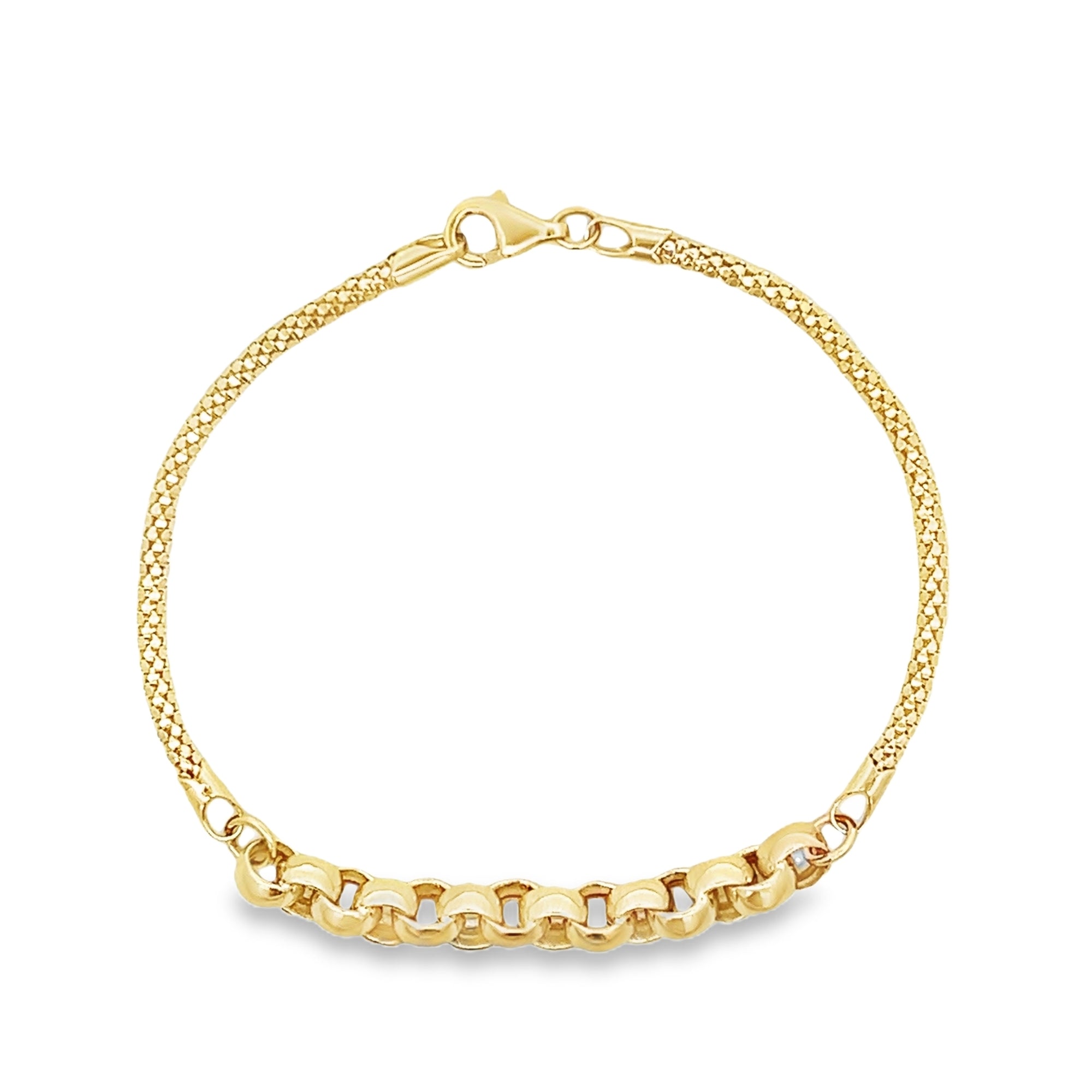 PULSERA DE CADENA CON BARRA ROLO EN ORO AMARILLO DE 14 K