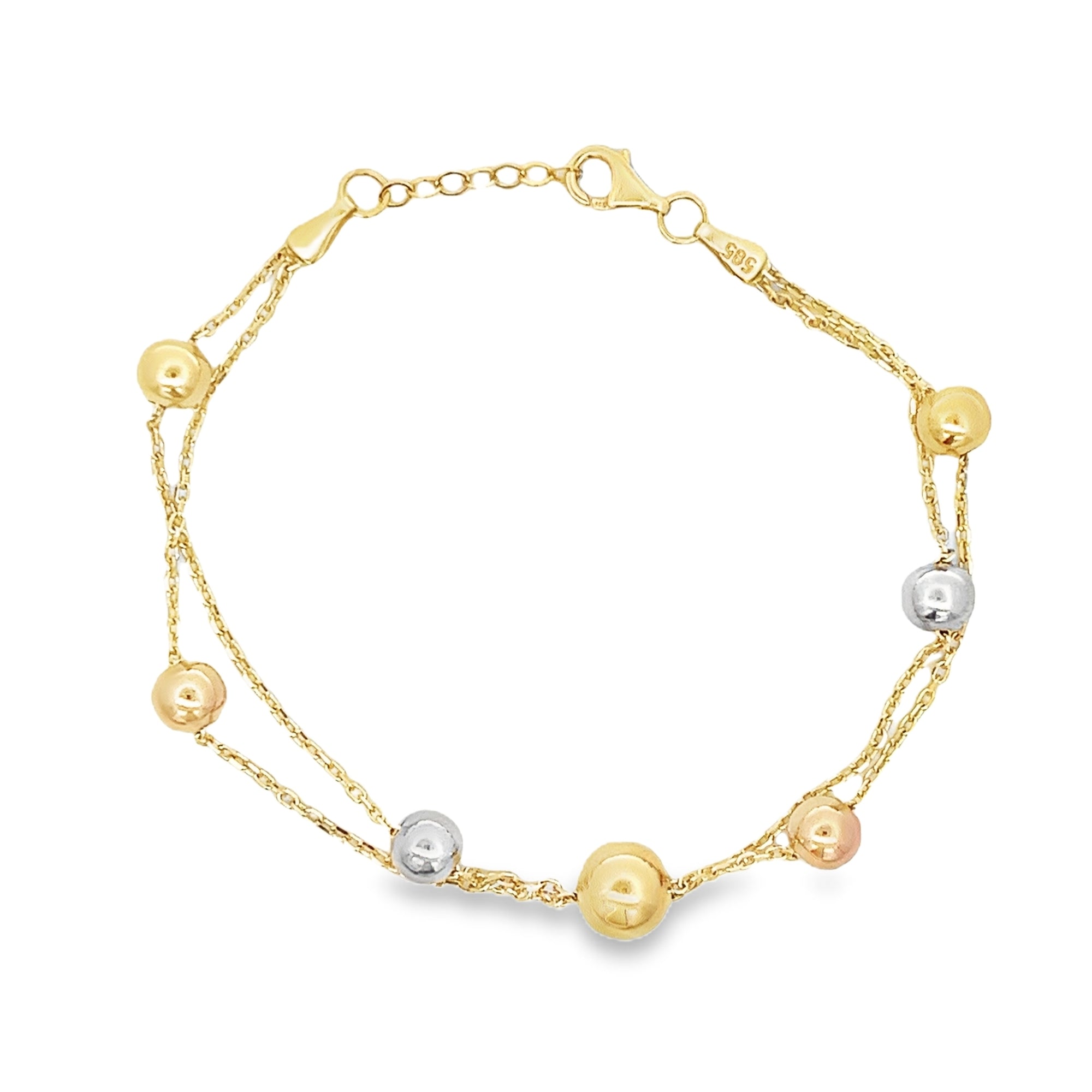 PULSERA MULTIESTACIÓN CON CUENTAS DE TRIPLE TONO EN ORO AMARILLO DE 14 K