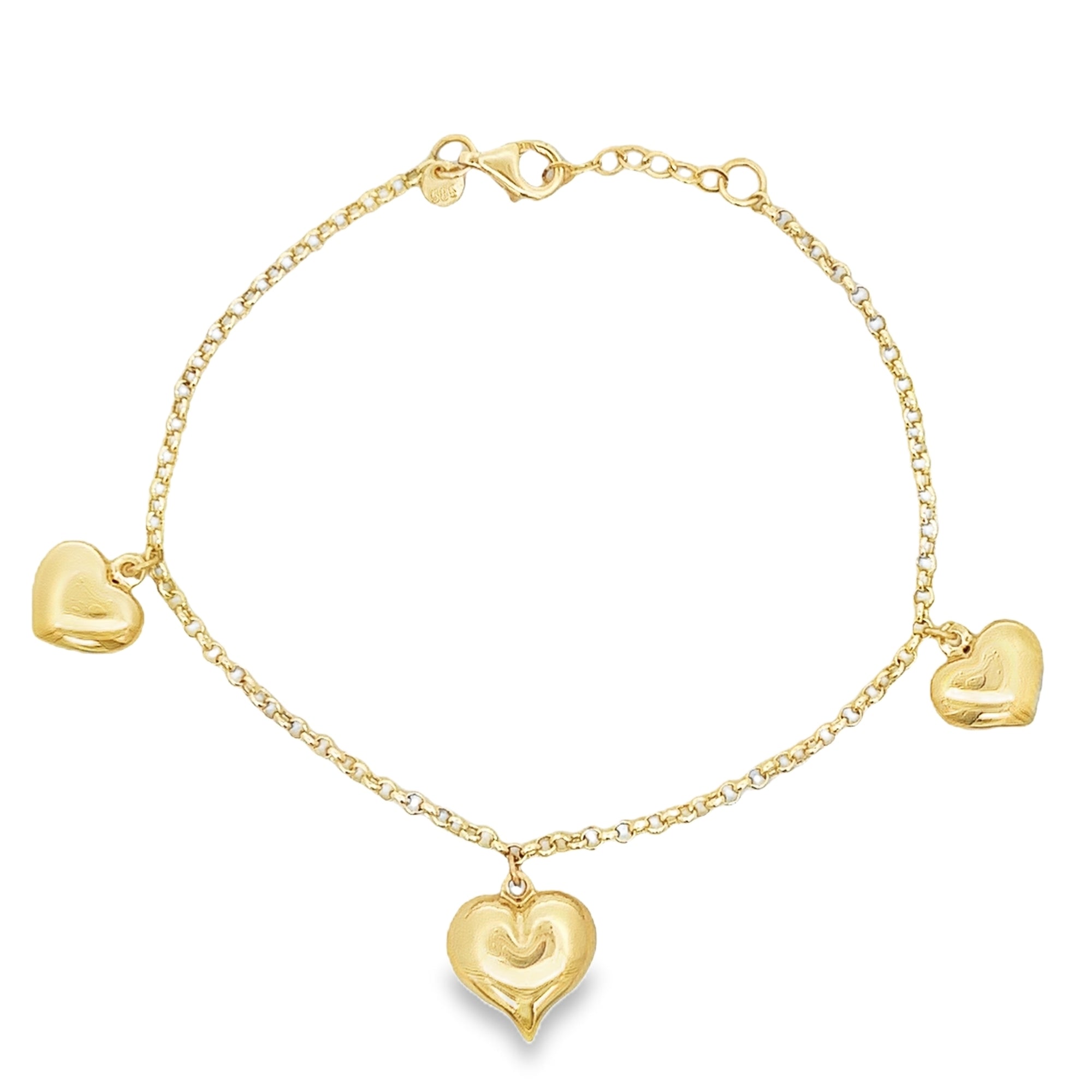 ROLO CHAIN BRACELET WITH CHUNKY HEARTS IN 14K YELLOW GOLD