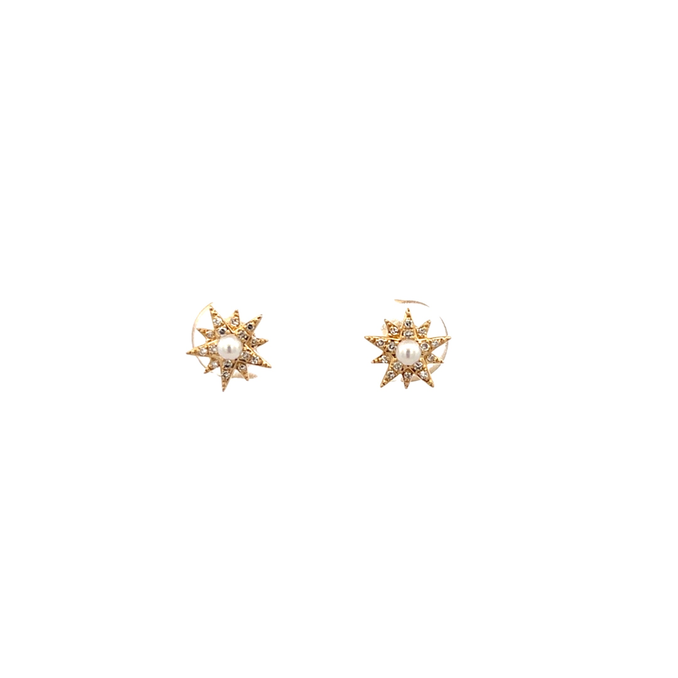 PENDIENTES CON PERLA Y ESTRELLA DEL NORTE DE DIAMANTES EN MONTURA DE ORO AMARILLO DE 14 K