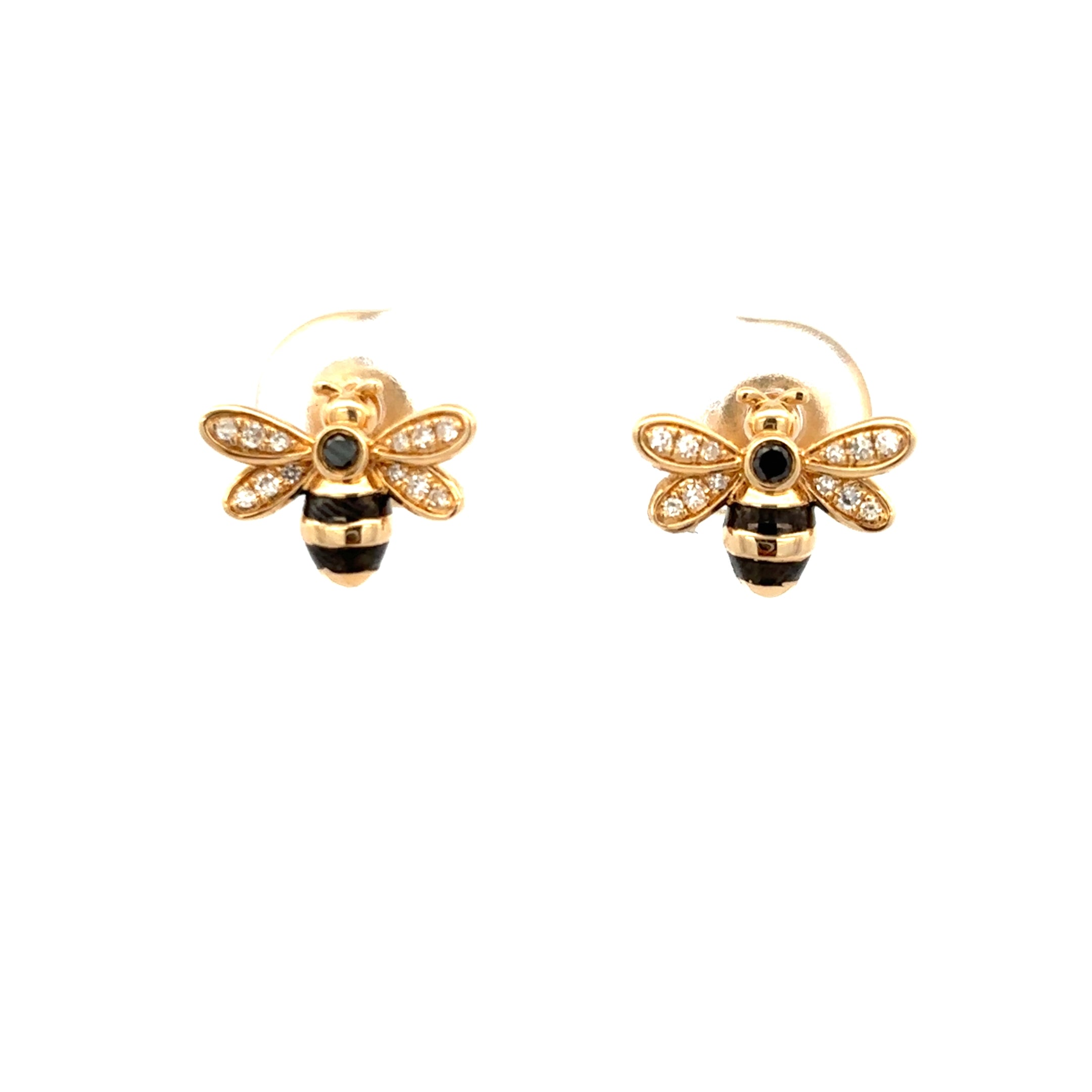 PENDIENTES DE ESMALTE NEGRO CON ABEJA Y DIAMANTES EN ORO AMARILLO DE 14 K