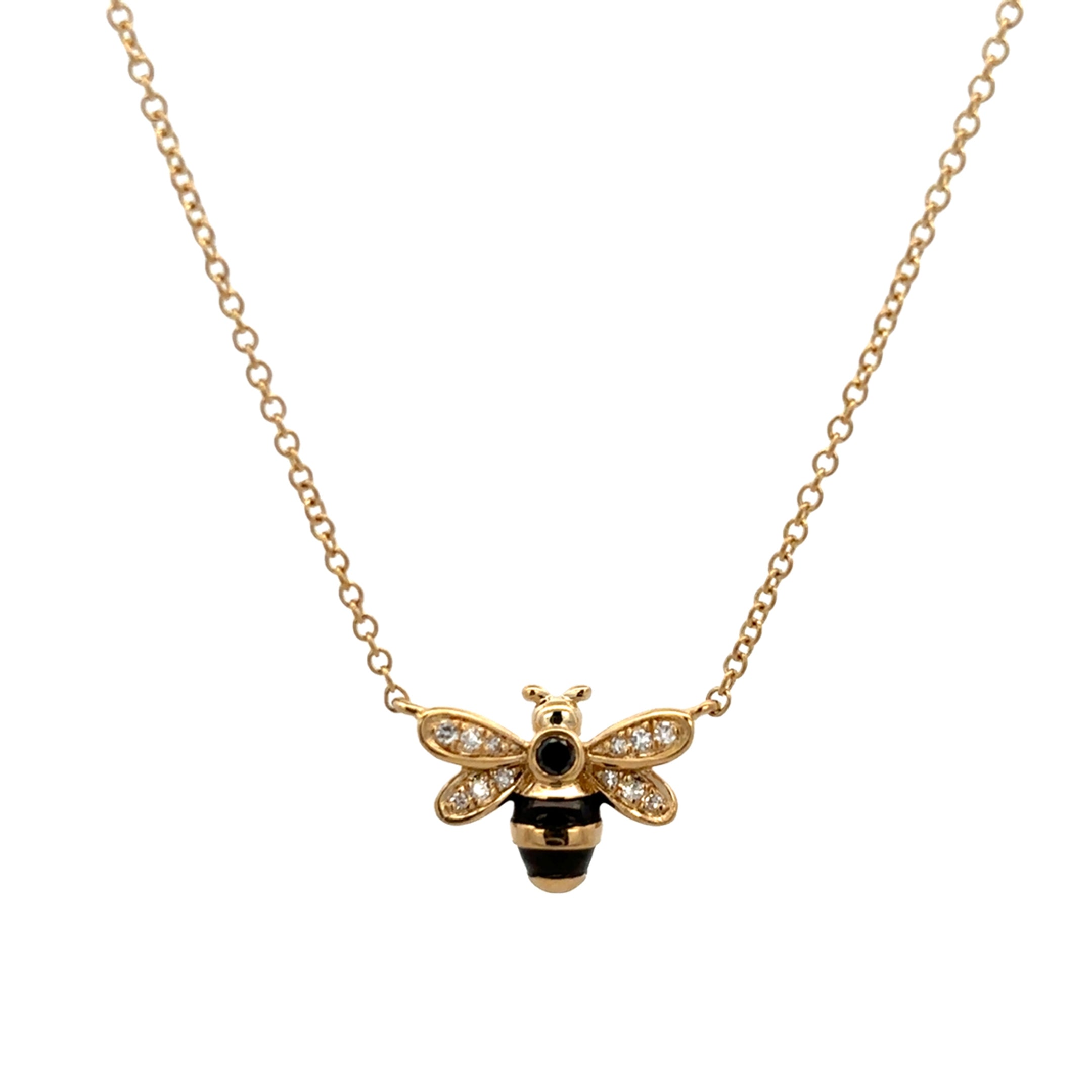 DIAMOND BEE ENAMEL BLACK NECKLACE SET IN 14K YELLOW GOLD