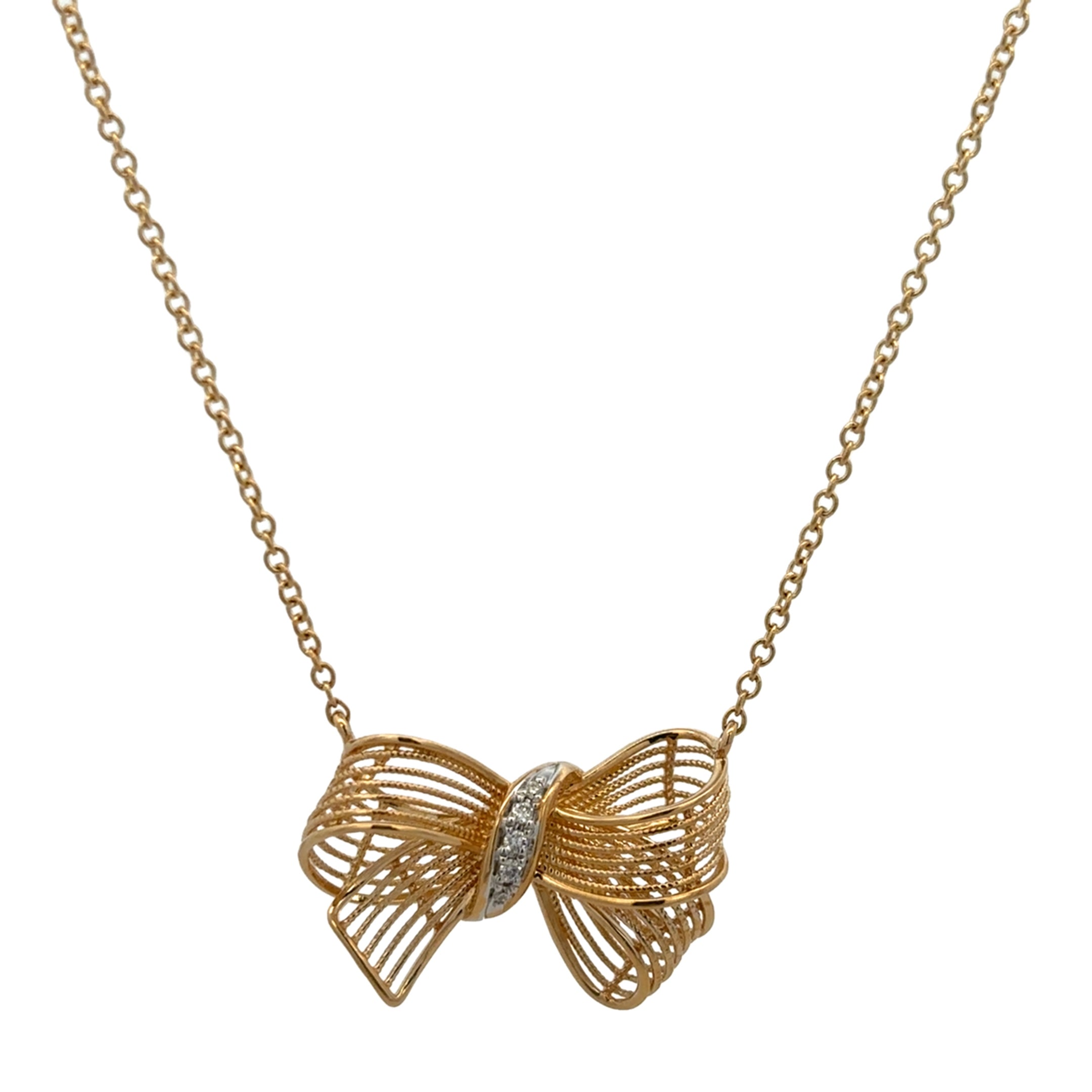 DIAMOND MESH BOW NECKLACE SET IN 14K YELLOW GOLD