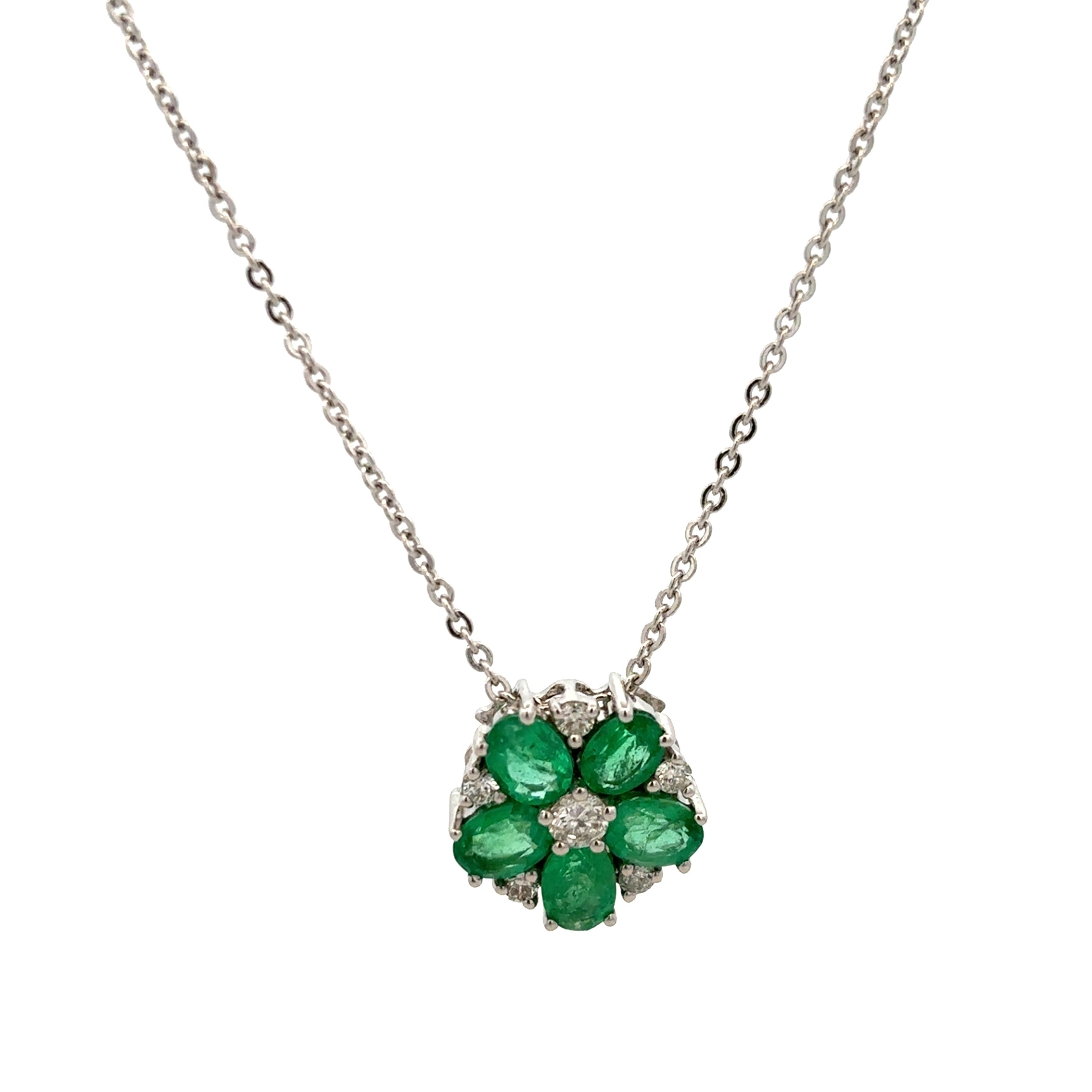 DIAMOND AND EMERALD FLOWER NECKLACE SET IN 14K WHITE GOLD