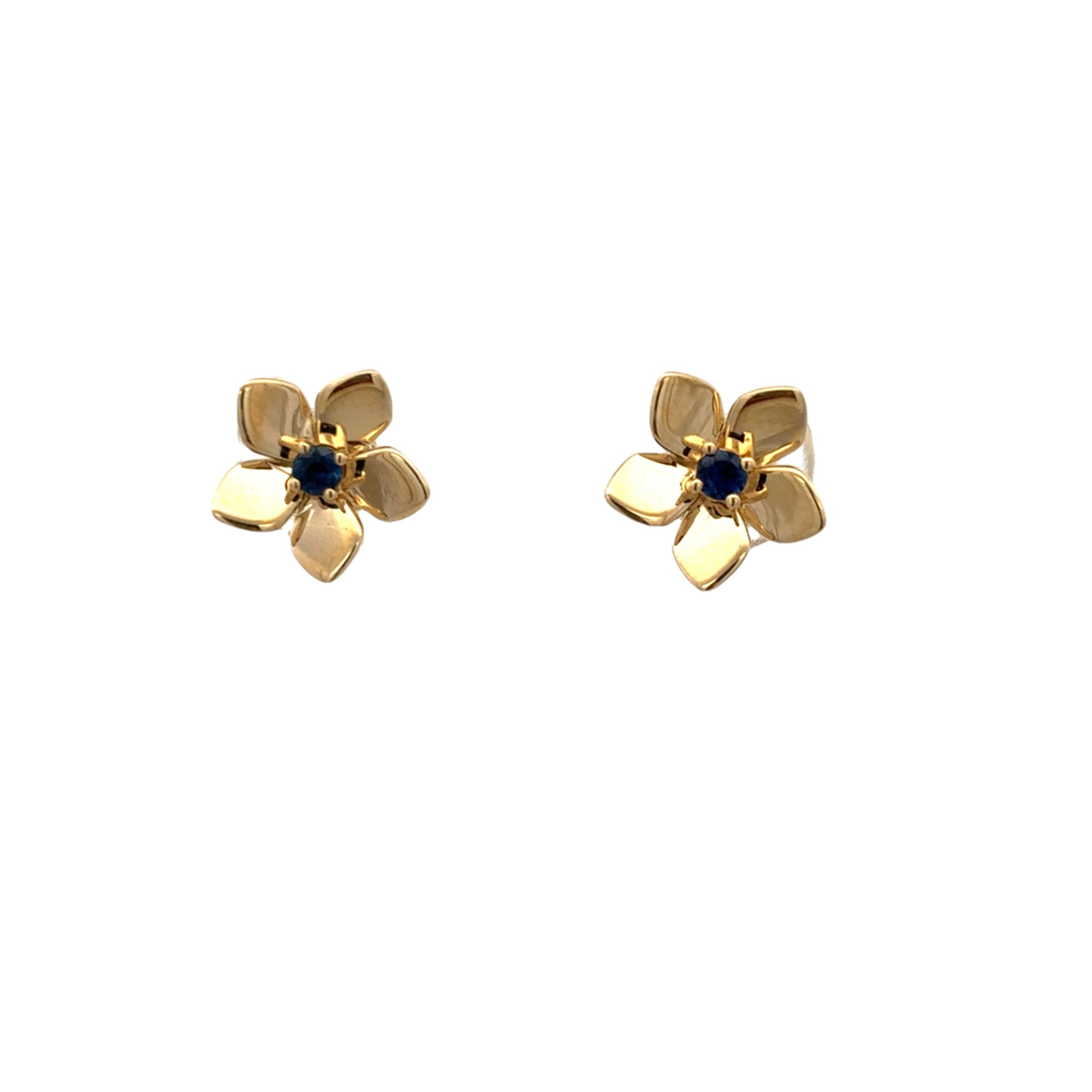 SMALL BLUE SAPPHIRE FLOWER EARRINGS SET IN 14K YELLOW GOLD