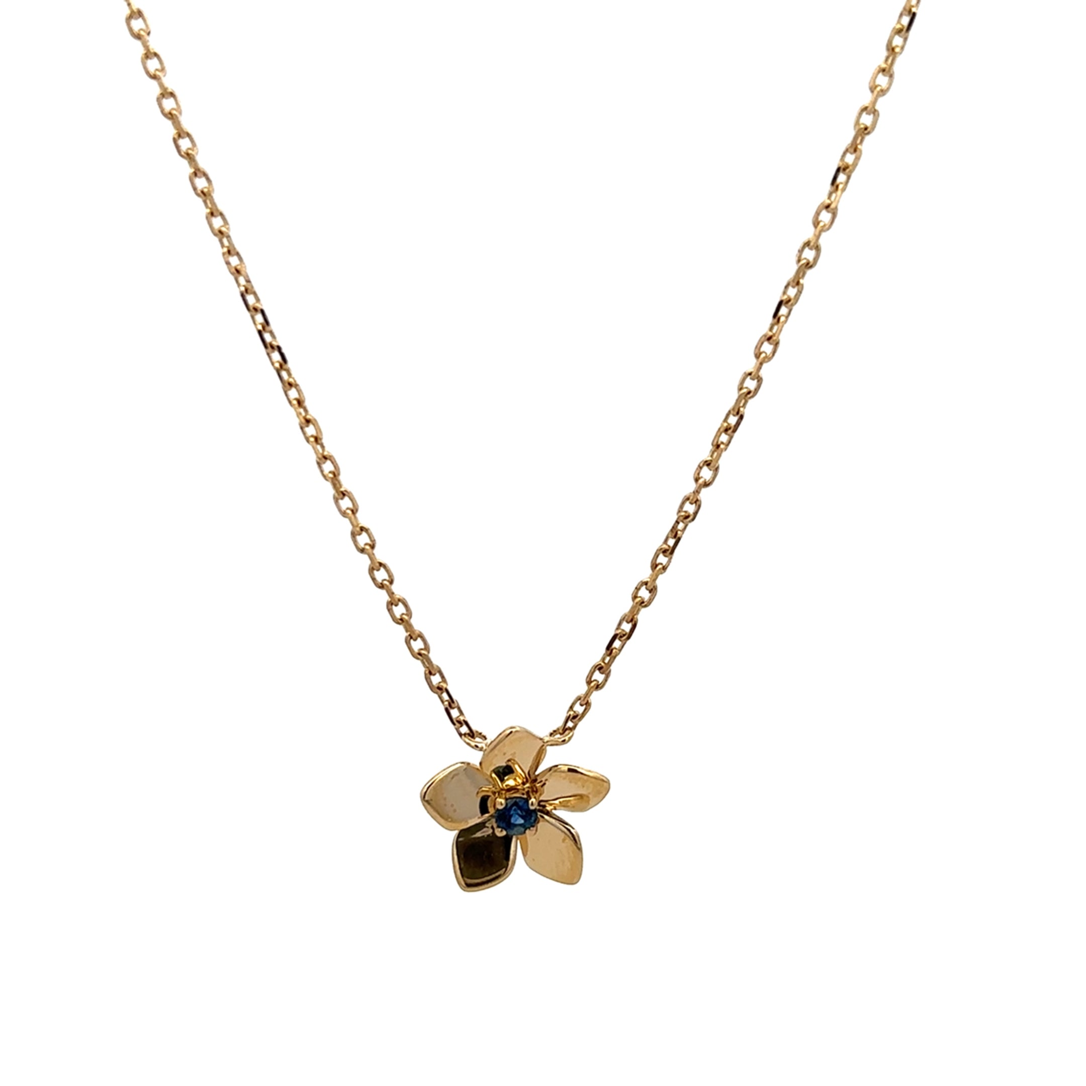 BLUE SAPPHIRE AND DIAMOND FLOWER NECKLACE SET IN 14K YELLOW GOLD