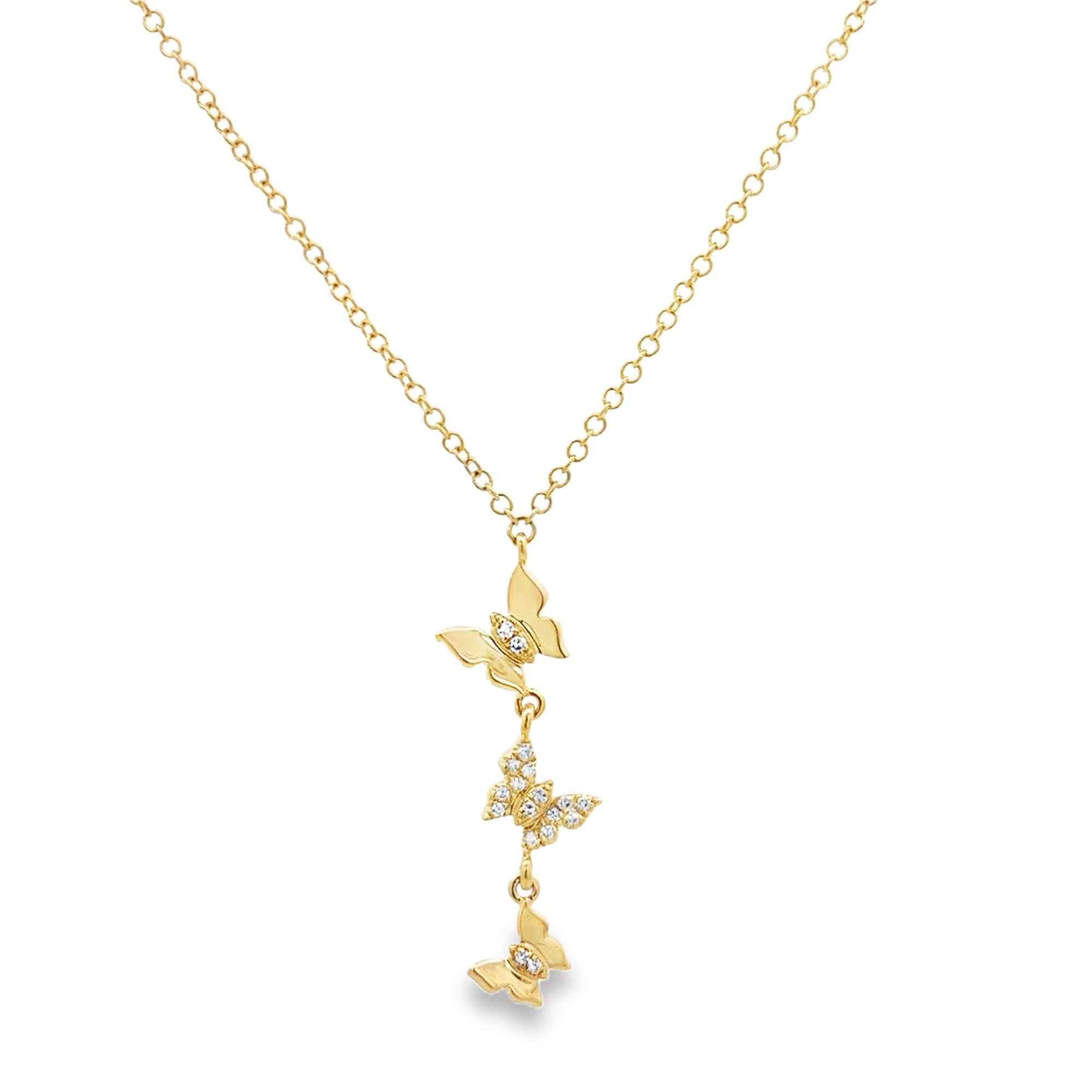 DIAMOND BUTTERFLIES CHARM NECKLACE SET IN 14K YELLOW GOLD