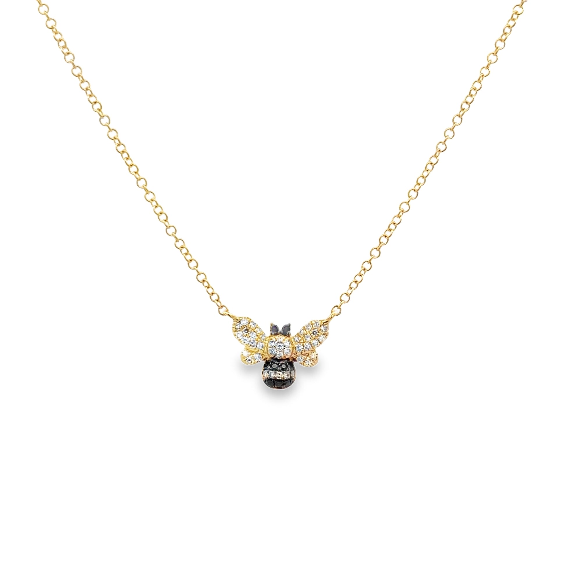 BLACK AND WHITE DIAMOND BEE CHARM NECKLACE SET IN 14K YELLOW GOLD