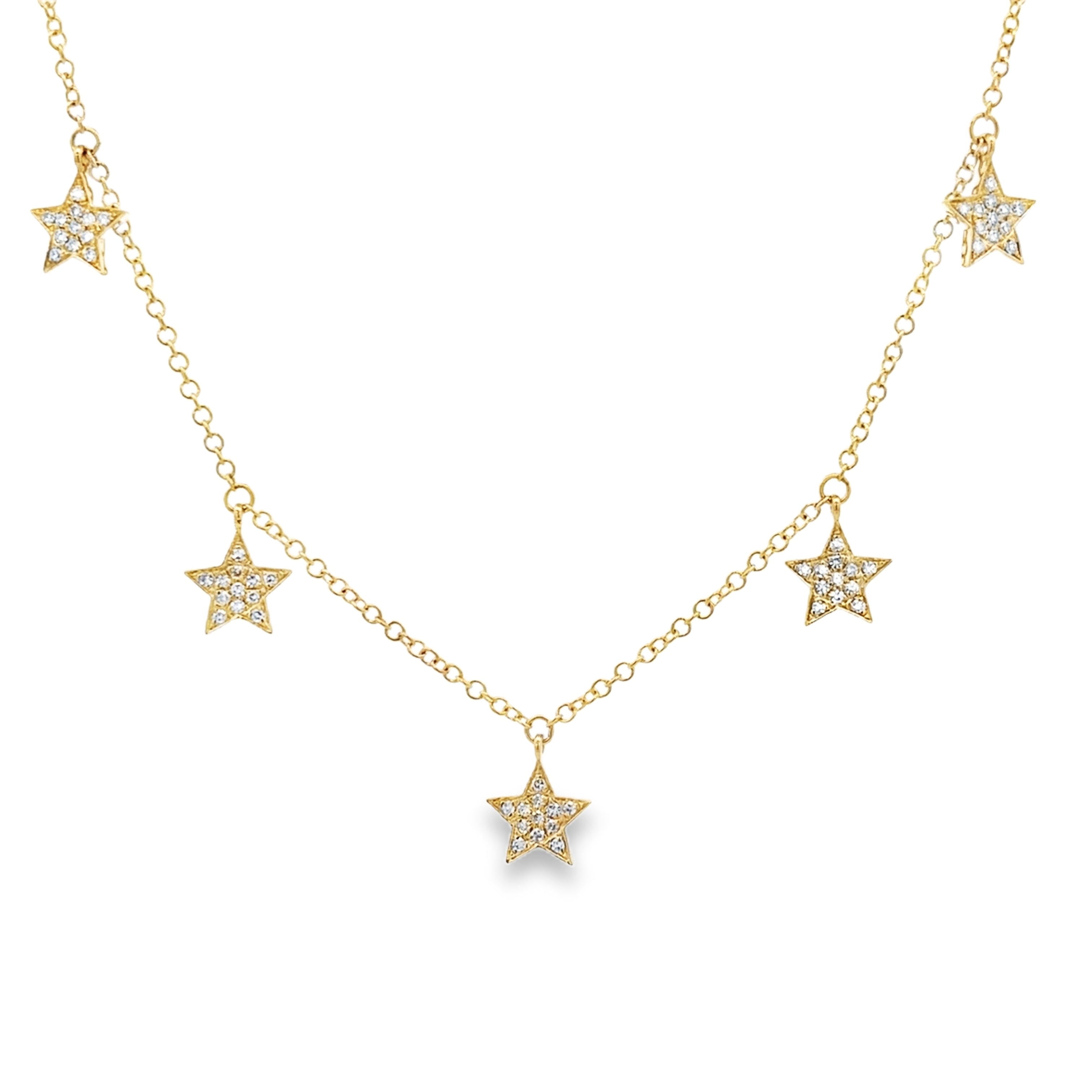 DIAMOND STAR PAVÉ CHARMS NECKLACE SET IN 14K YELLOW GOLD