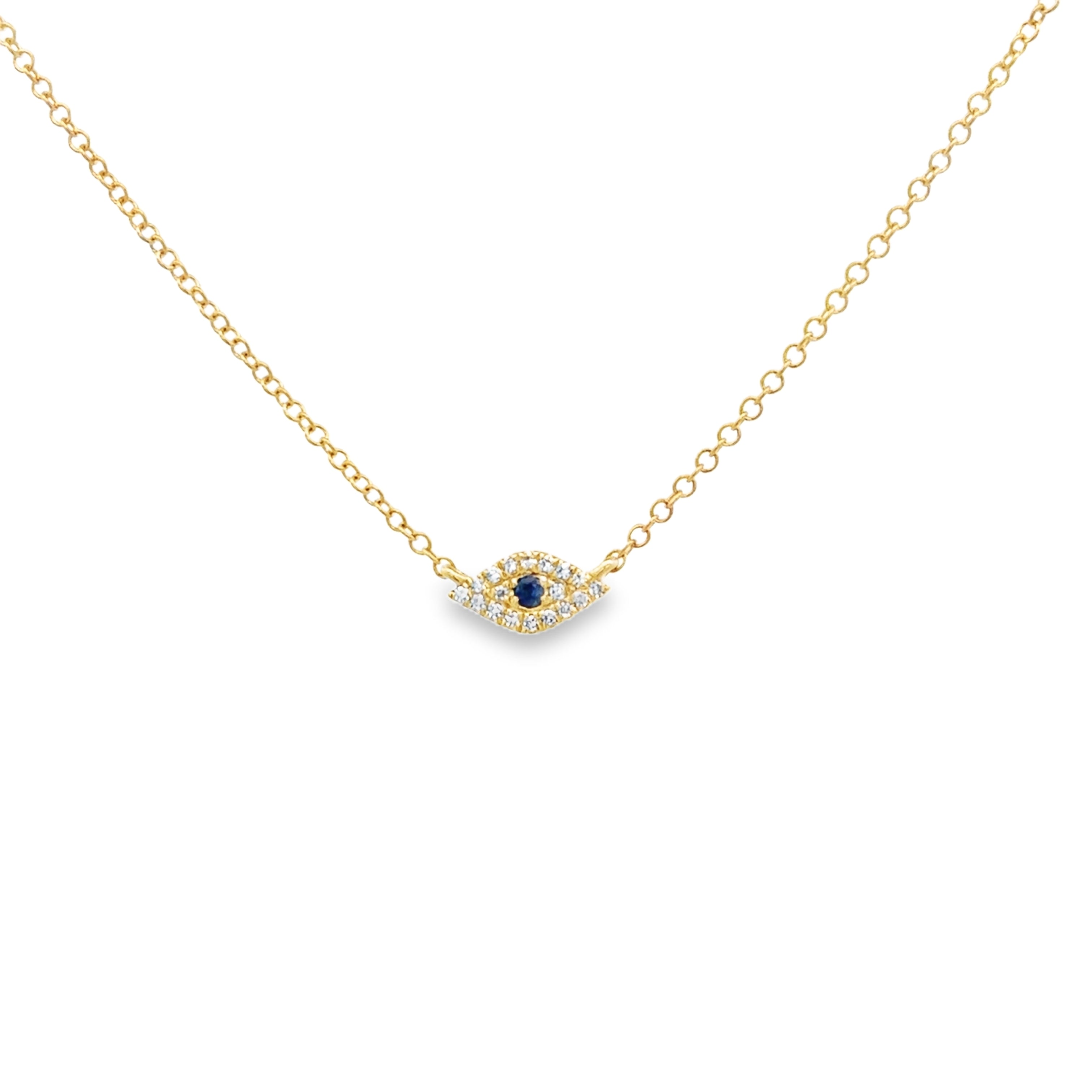 BLUE SAPPHIRE AND DIAMOND PAVÉ EVIL EYE CHARM NECKLACE SET IN 14K YELLOW GOLD