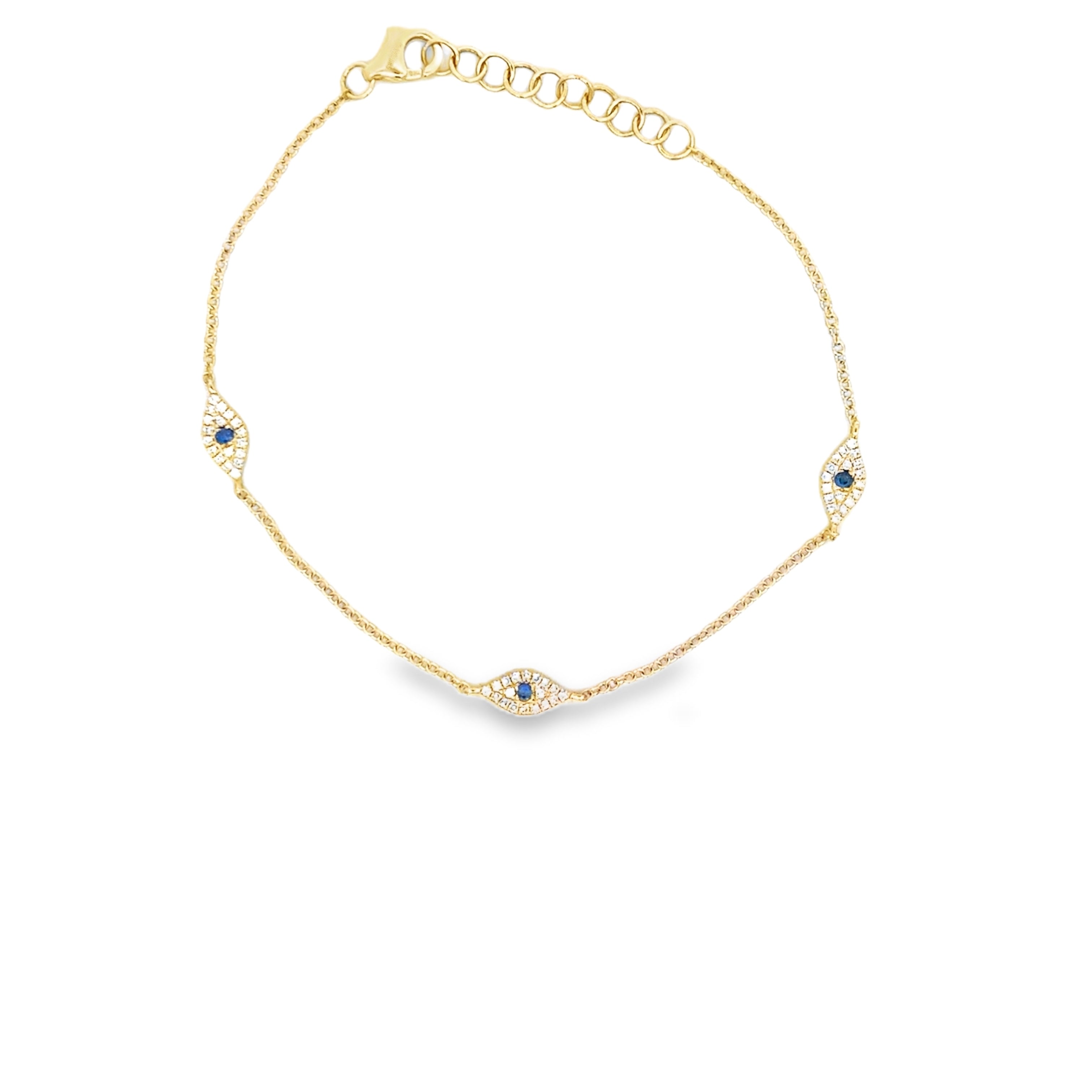 BLUE SAPPHIRE WITH DIAMOND PAVÉ EVIL EYES BRACELET SET IN 14K YELLOW GOLD