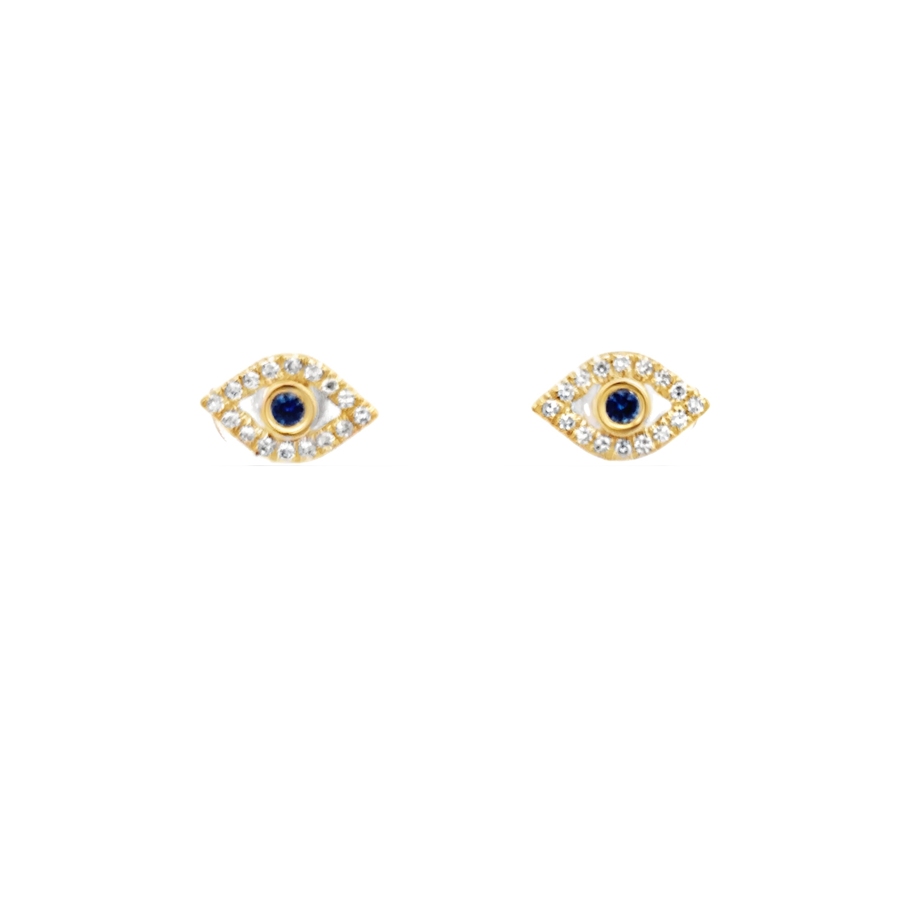 BLUE SAPPHIRE AND DIAMOND EVIL EYES EARRINGS SET IN 14K YELLOW GOLD