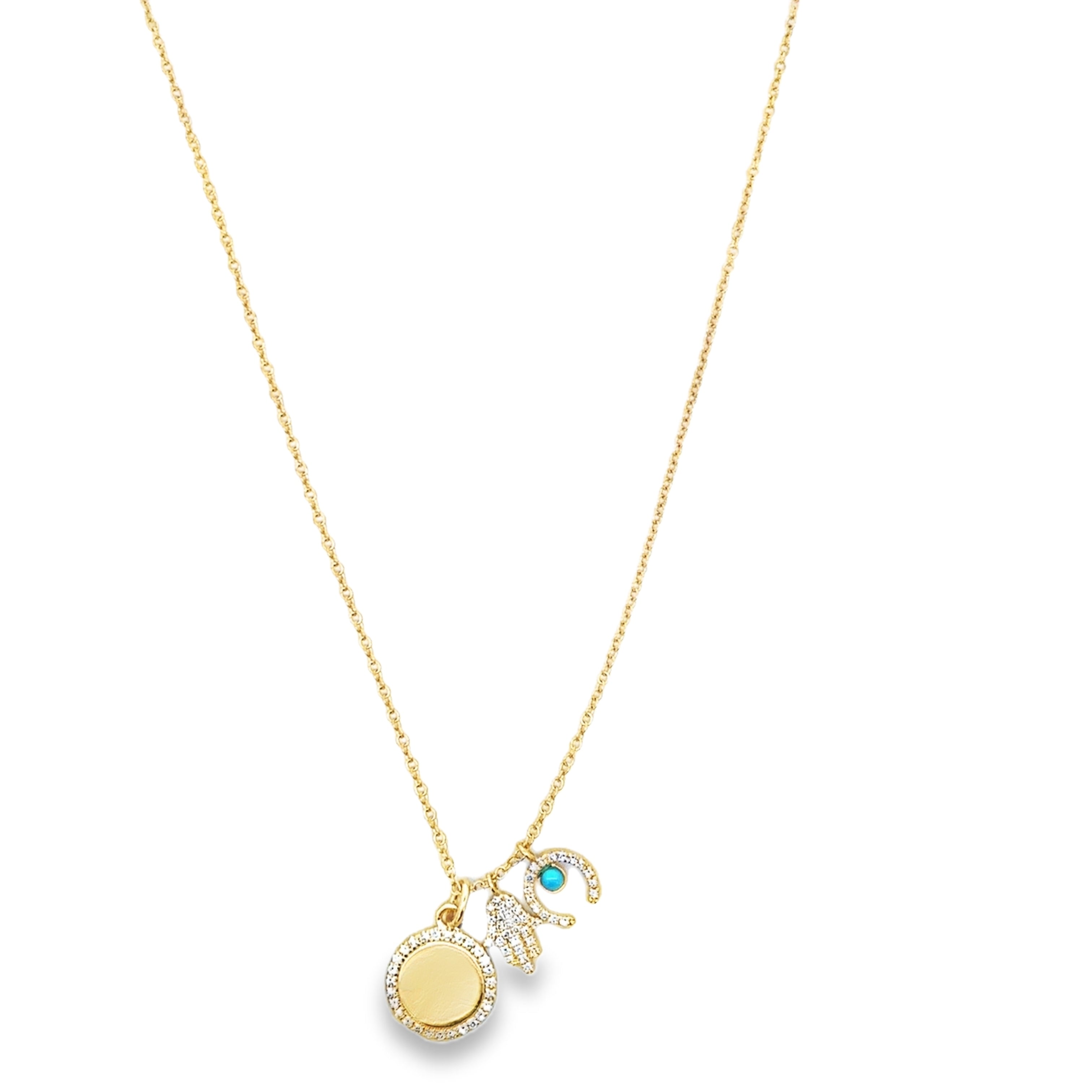 DIAMOND AND TURQUOISE HALF MOON, HAMSA AND COIN NECKLACE SET IN 14K YELLOW GOLD