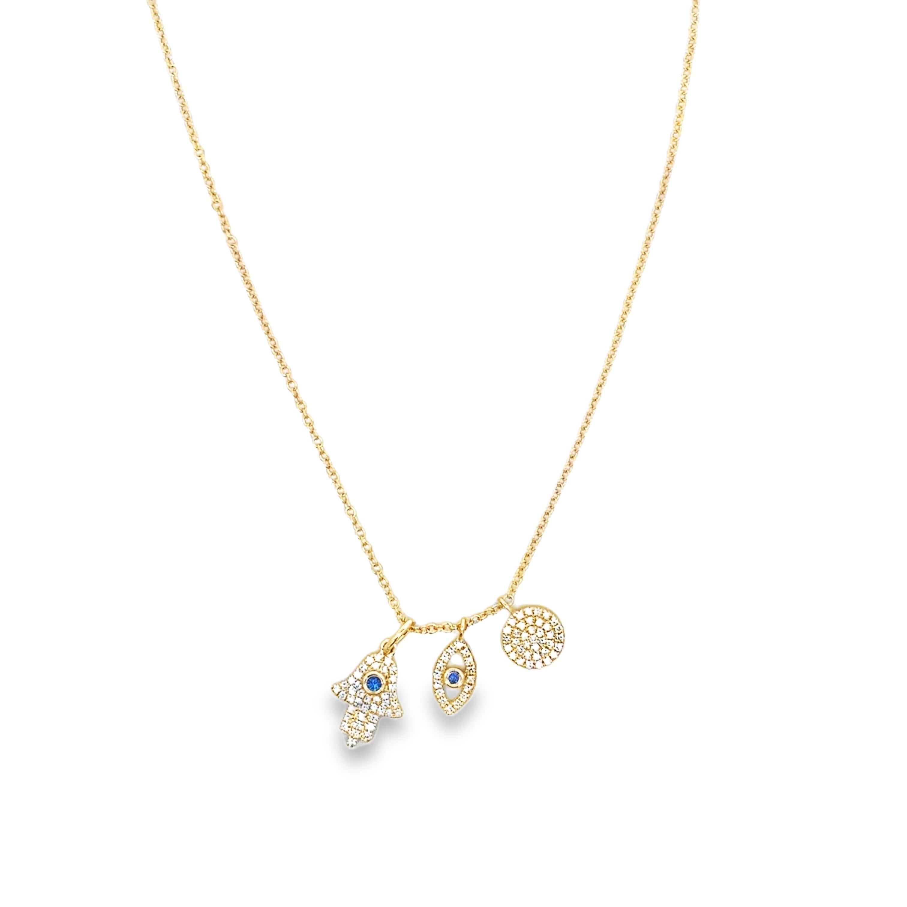 DIAMOND AND BLUE SAPPHIRE EVIL EYE, HAMSA AND COIN NECKLACE SER IN 14K YELLOW GOLD