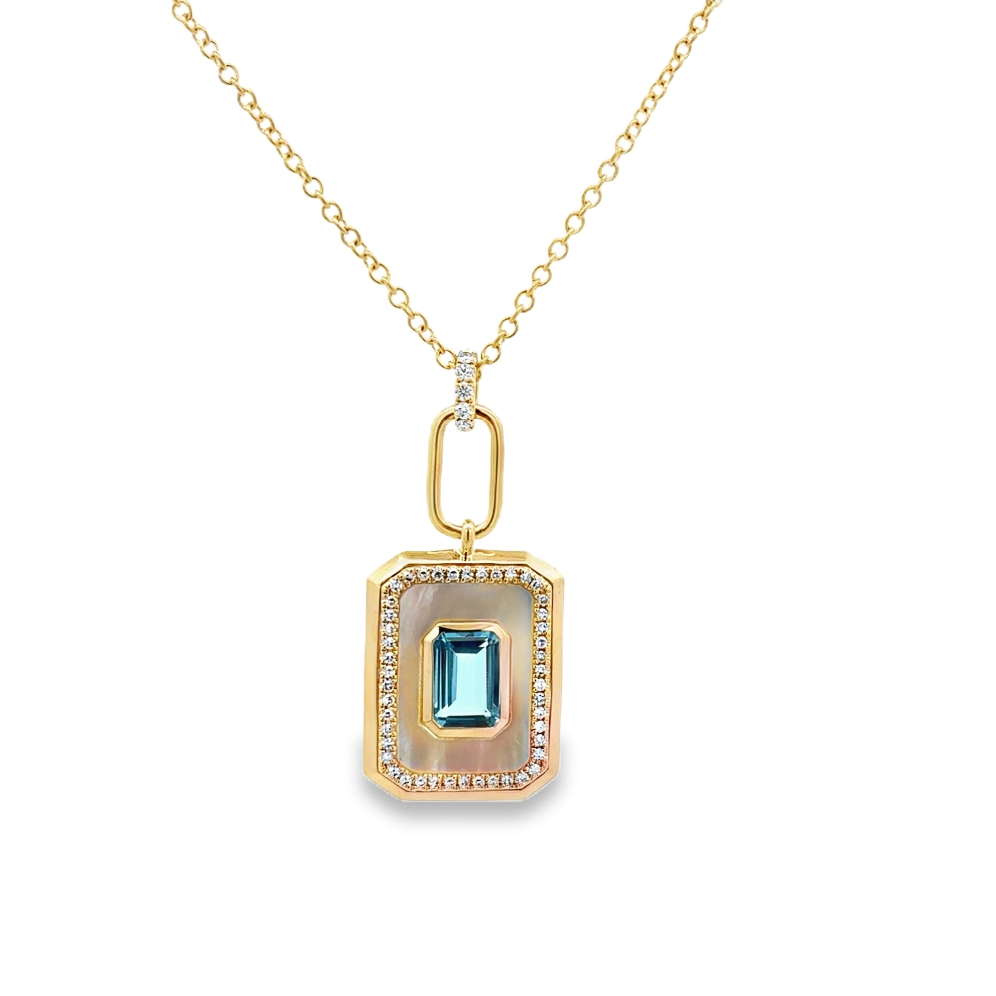 BLUE TOPAZ EMERALD CUT ON A MOTHER OF PEARL TAG WITH DIAMOND HALO NECKLACE SET IN 14K YELLOW GOLD