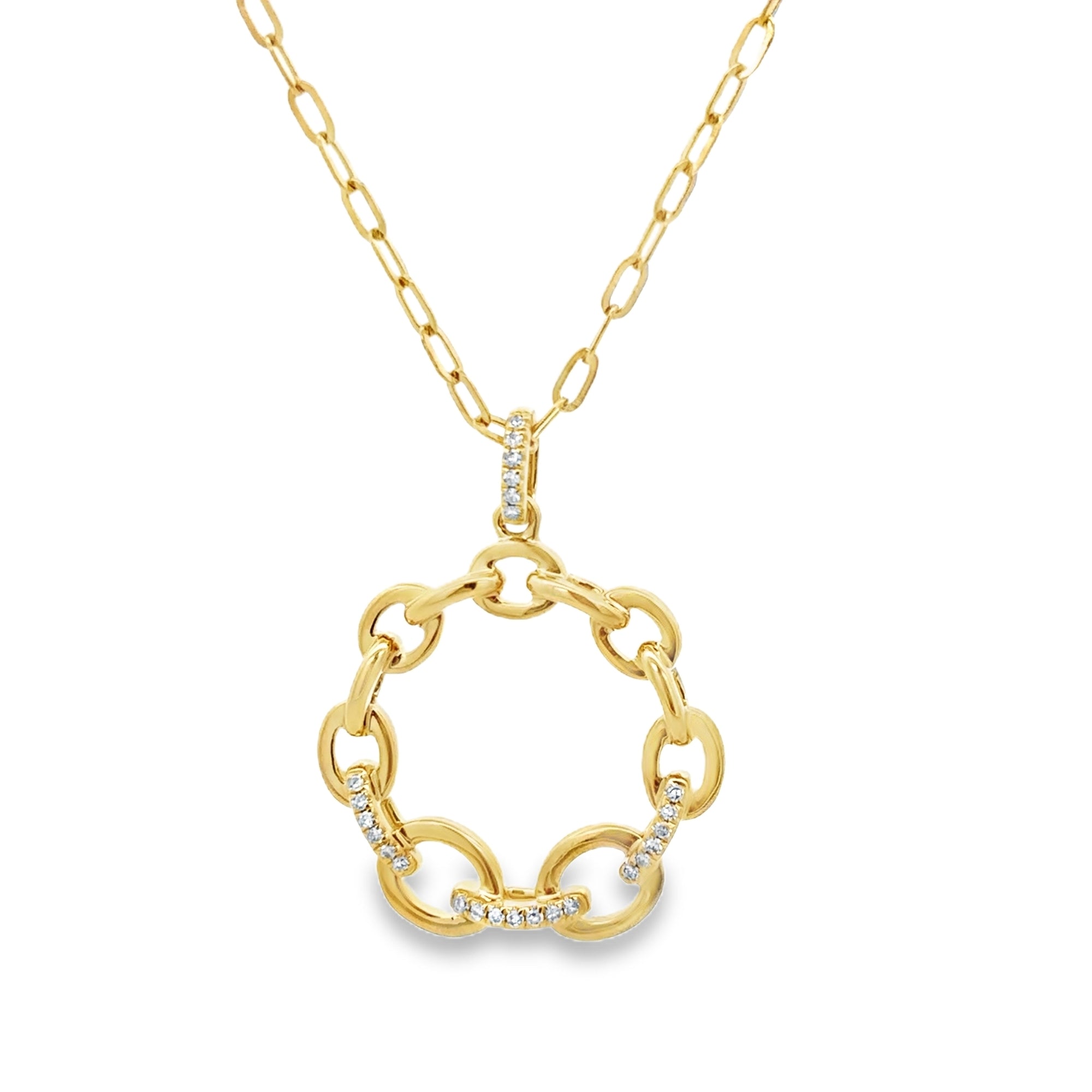 DIAMOND CIRCLE CURB LINKS AND CHAIN PAPERCLIP NECKLACE SET IN 14K YELLOW GOLD