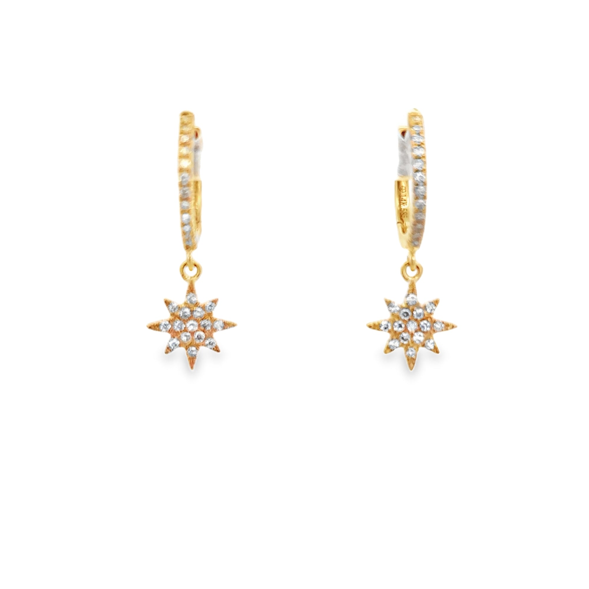 DIAMOND NORTH STAR CHARM HUGGIE EARRINGS SET IN 14K YELLOW GOLD