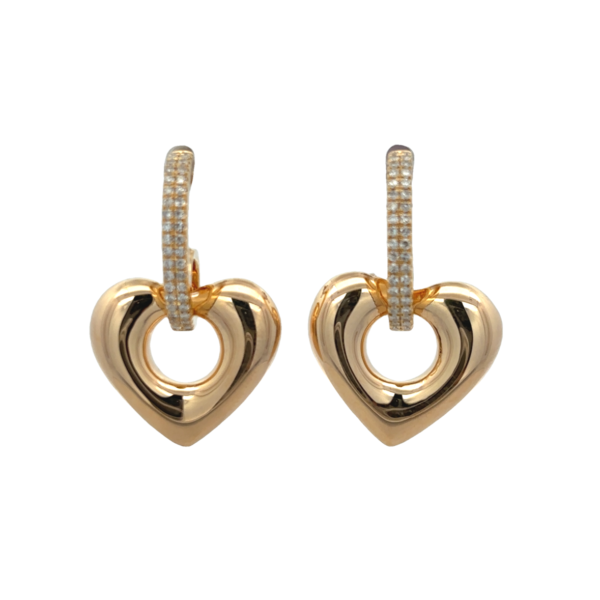 DIAMOND OVAL PAVÉ WITH CHUNKY HEART CHARM EARRINGS SET IN 14K YELLOW GOLD