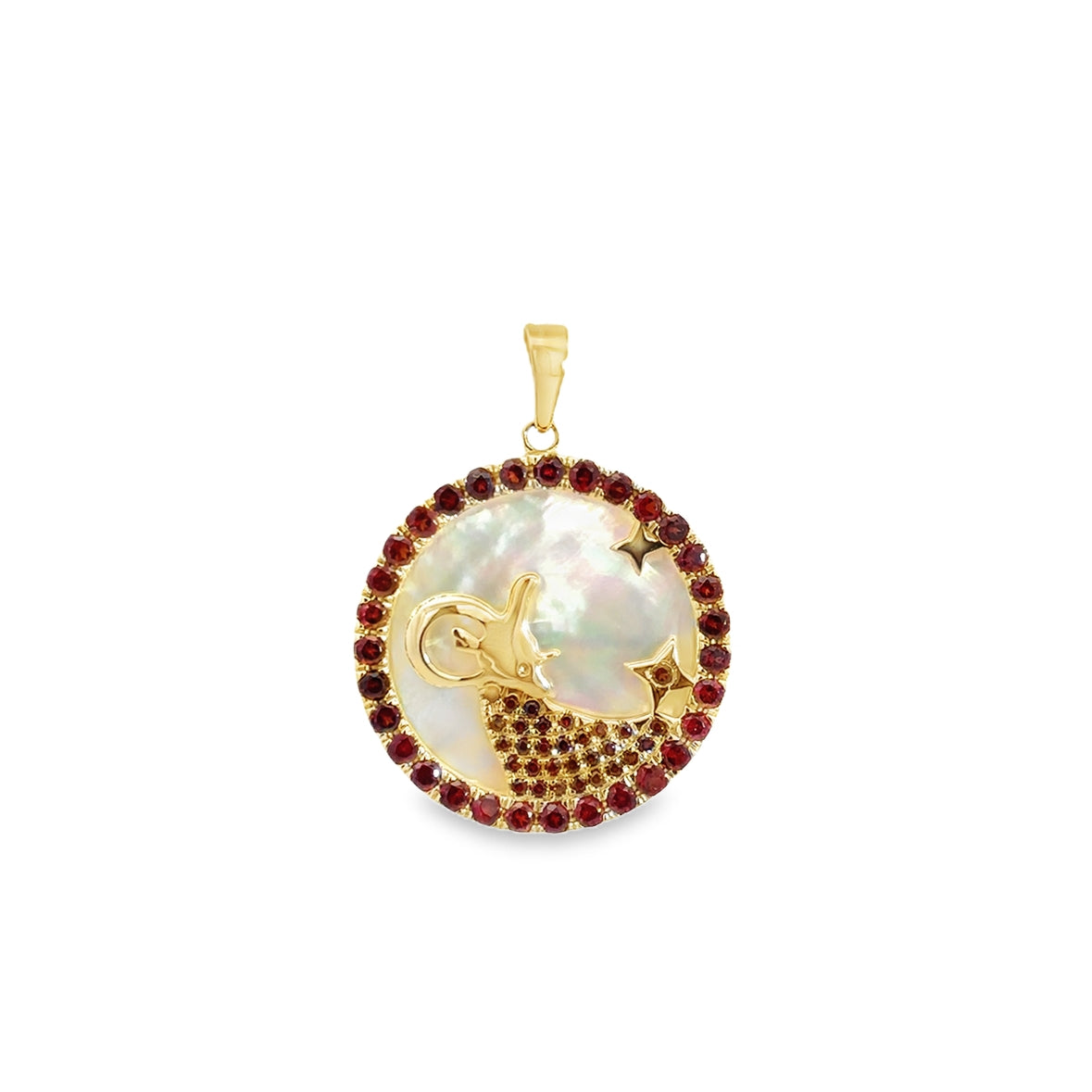 GARNET AND MOTHER OF PEARLS CAPRICORN ZODIAC CHARM SET IN 14K YELLOW GOLD