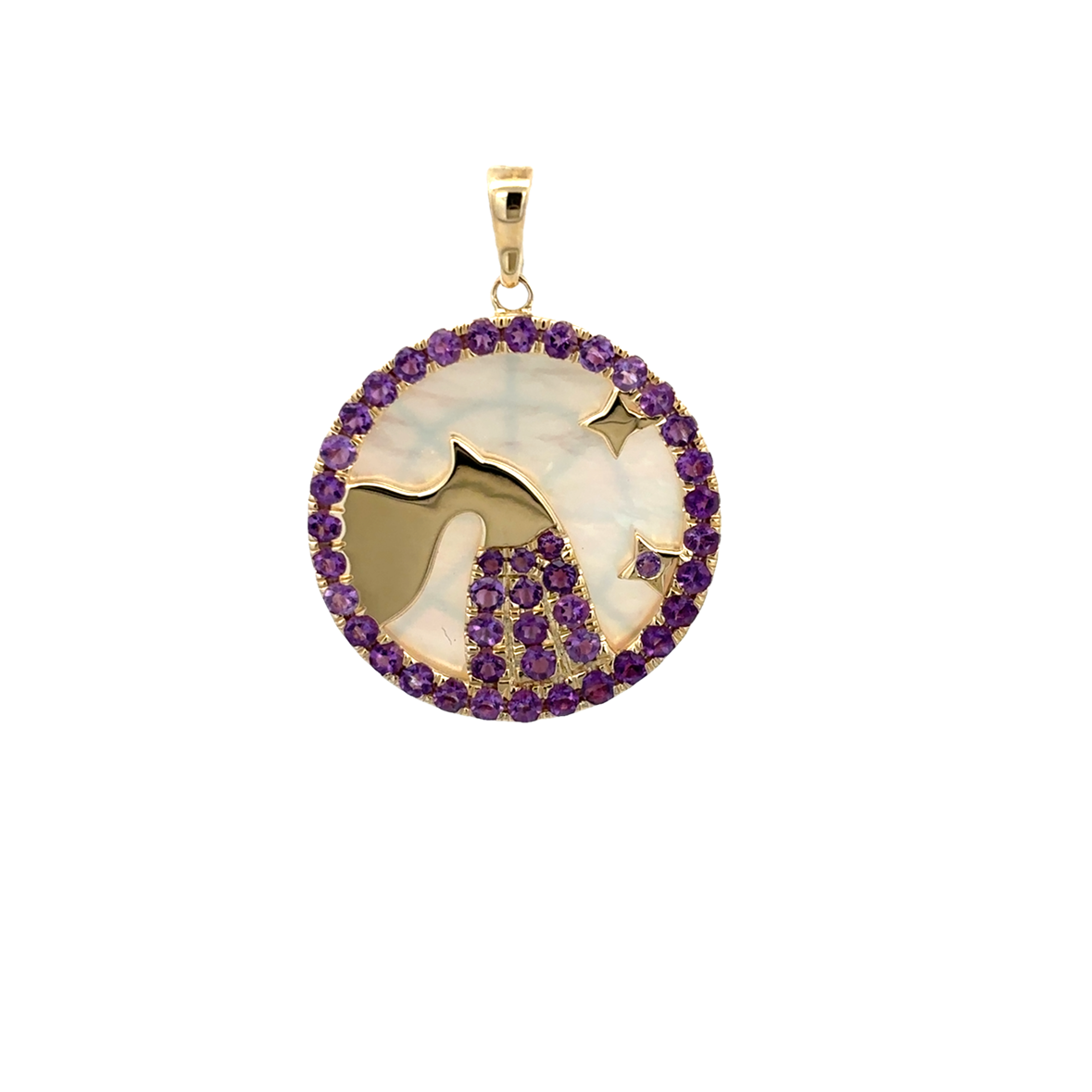 AMETHYST AND MOTHER OF PEARL AQUARIUS ZODIAC CHARM SET IN 14K YELLOW GOLD