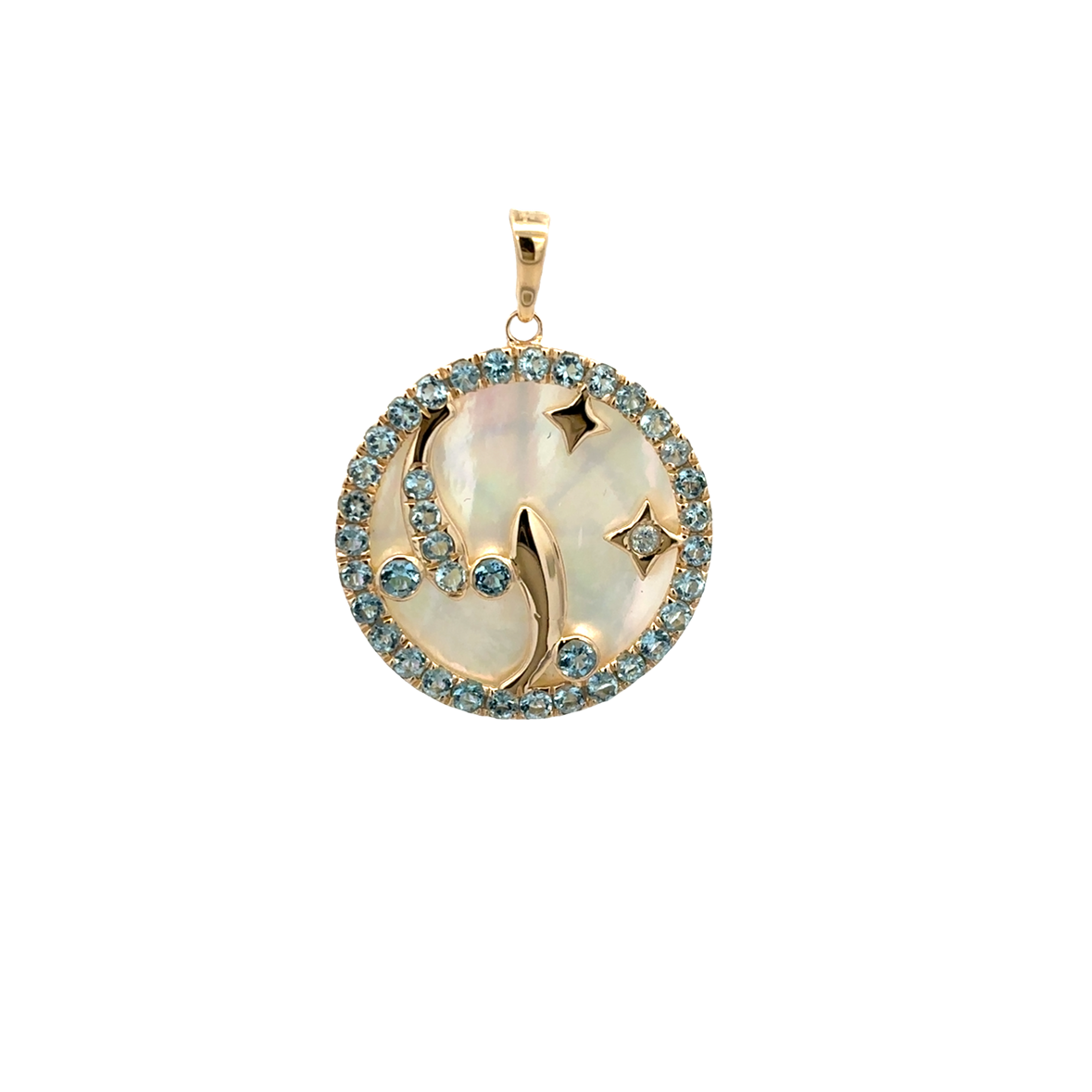 AQUAMARINE AND MOTHER OF PEARL PISCES ZODIAC CHARM SET IN 14K YELLOW GOLD