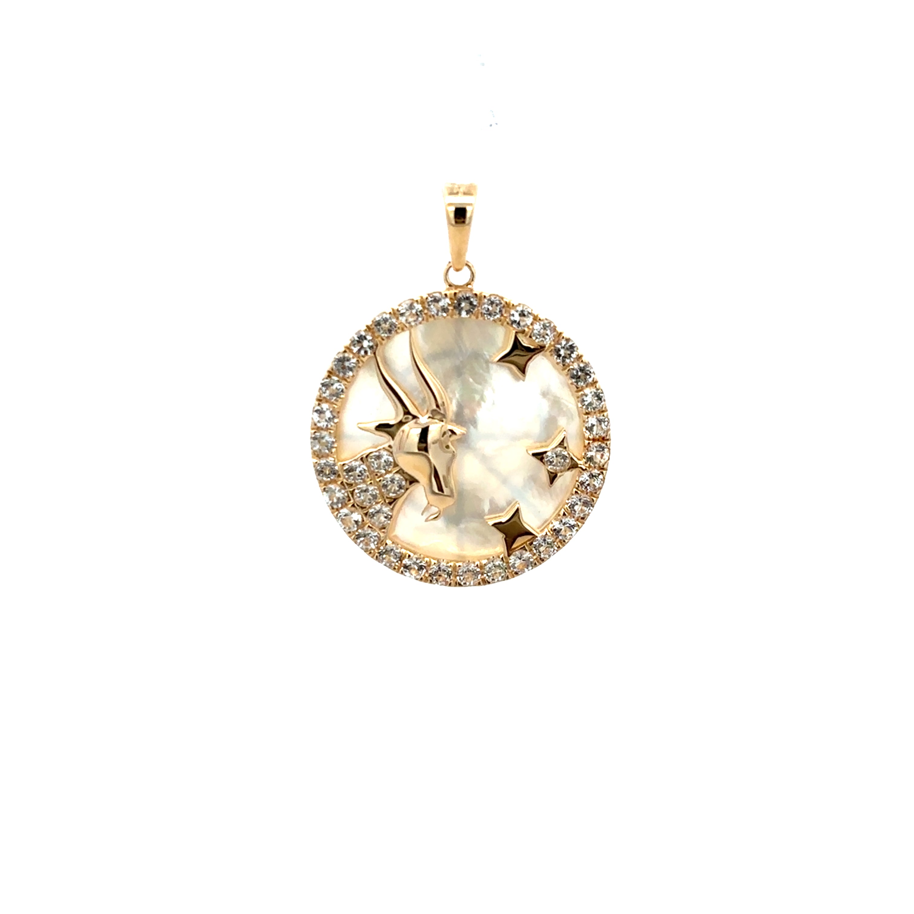 WHITE TOPAZ AND MOTHER OF PEARL ARIES ZODIAC CHARM SET IN 14K YELLOW GOLD