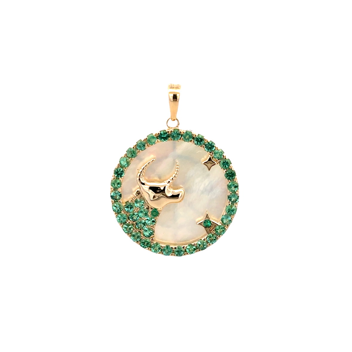 EMERALD AND MOTHER OF PEARL TAURUS ZODIAC CHARM SET IN 14K YELLOW GOLD