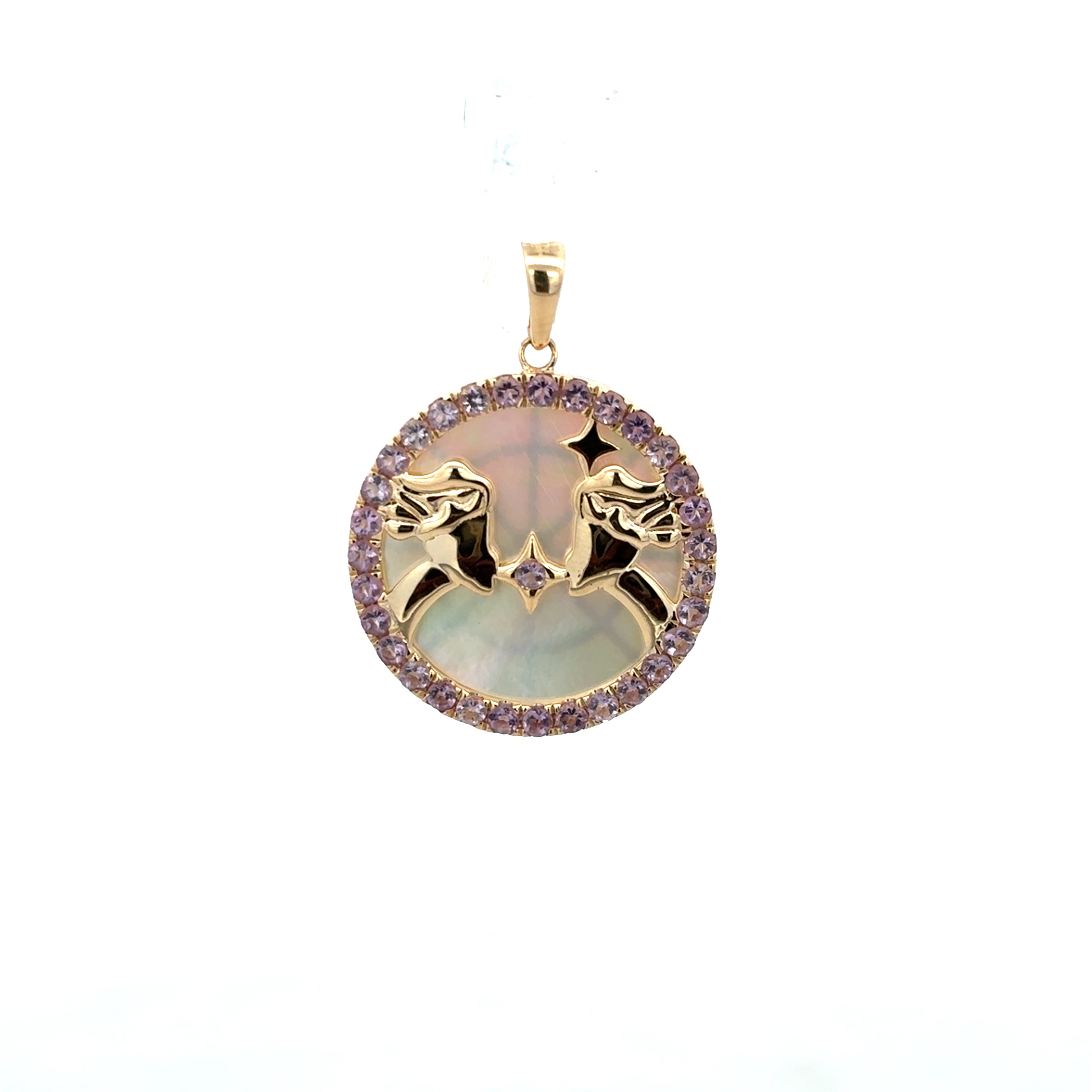 AMETHYST AND MOTHER OF PEARL GEMINI ZODIAC CHARM SET IN 14K YELLOW GOLD