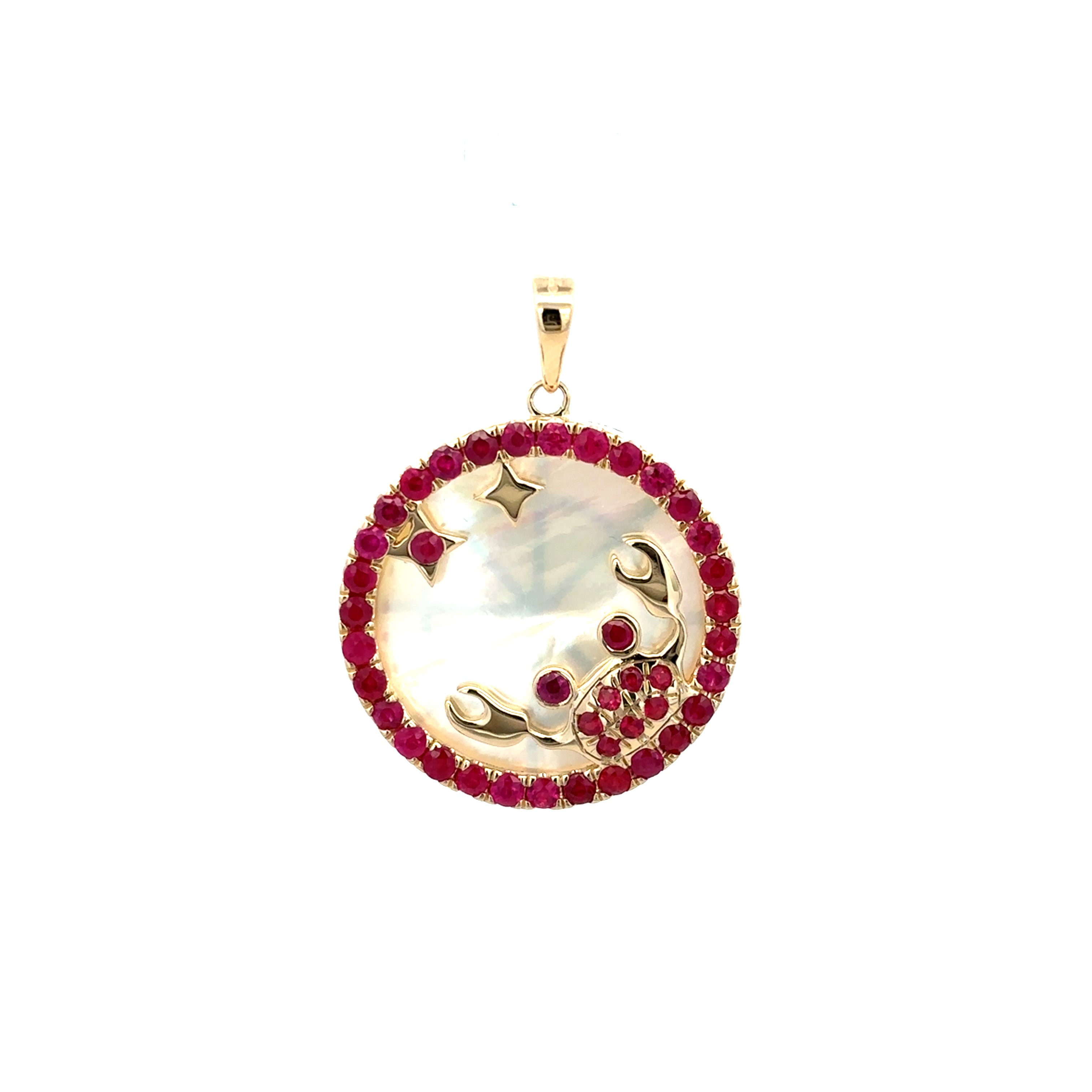 RUBY AND MOTHER OF PEARL CANCER ZODIAC CHARM SET IN 14K YELLOW GOLD