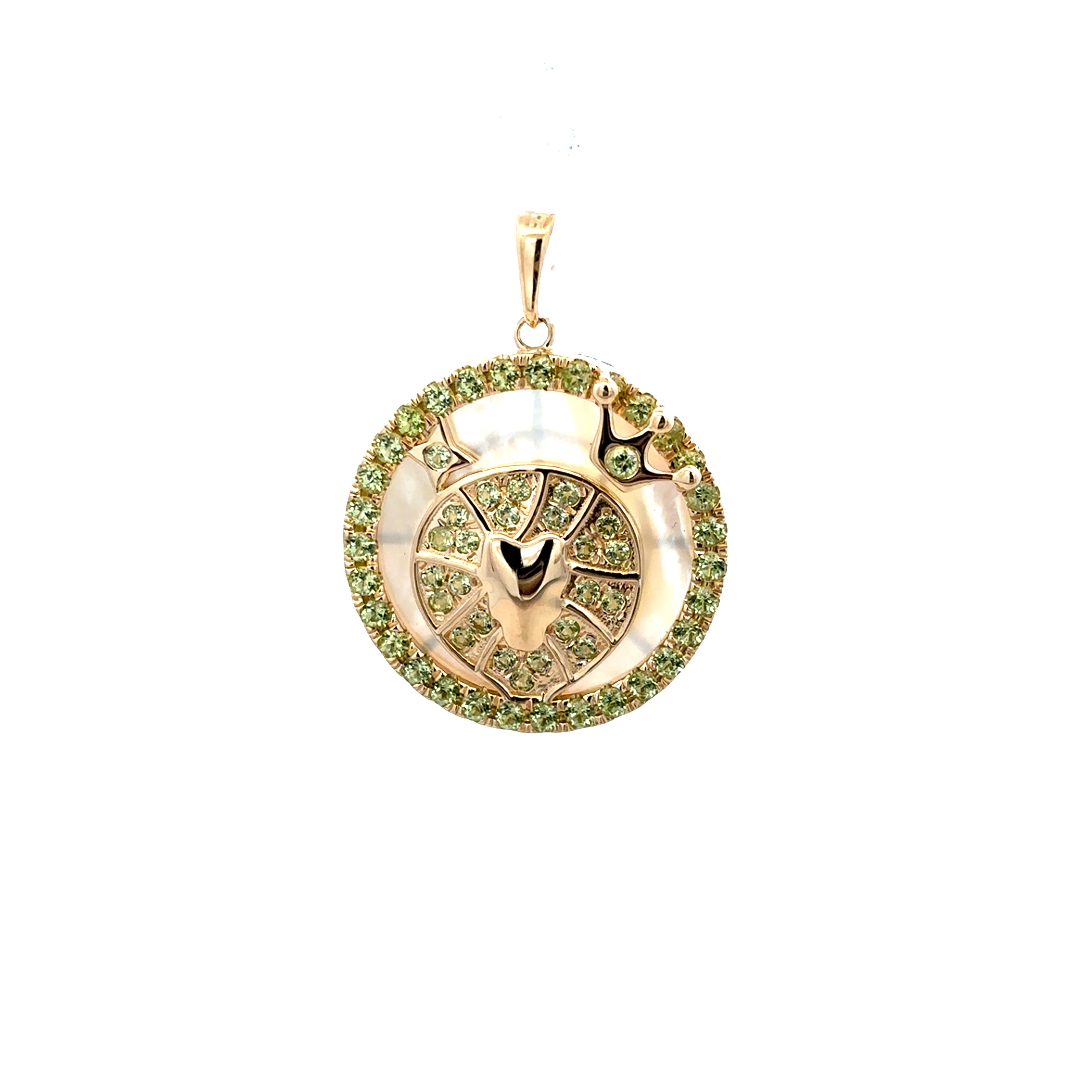 PERIDOT AND MOTHER OF PEARL LEO ZODIAC CHARM SET IN 14K YELLOW GOLD