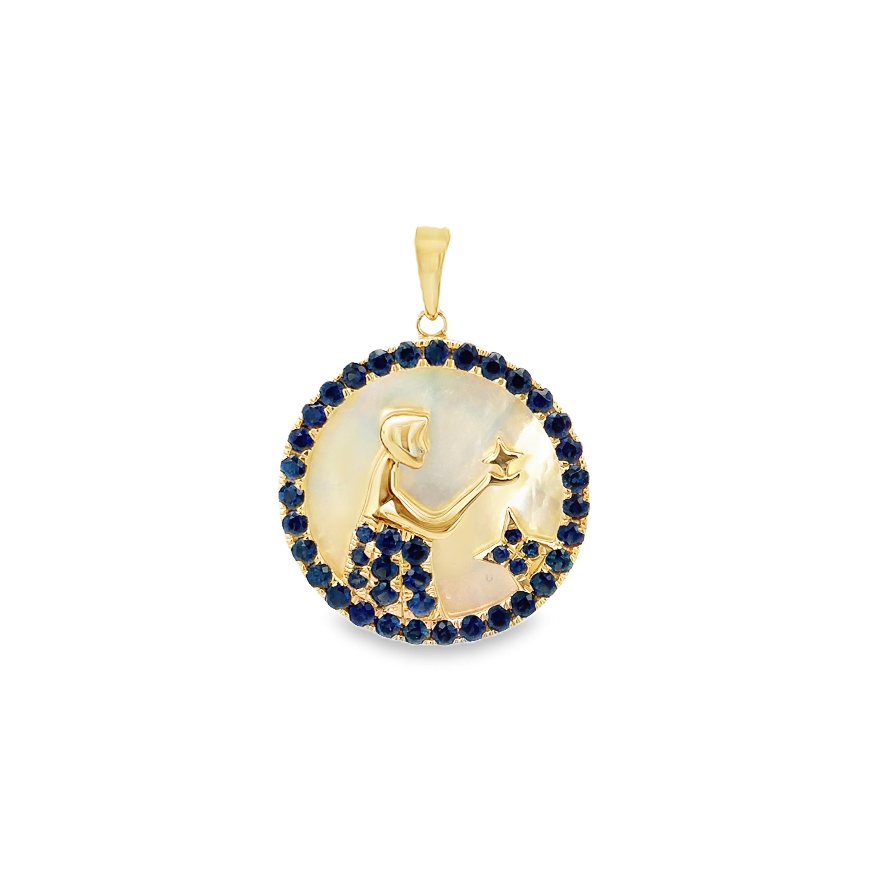 BLUE SAPPHIRE AND MOTHER OF PEARL VIRGO ZODIAC SET IN 14K YELLOW GOLD