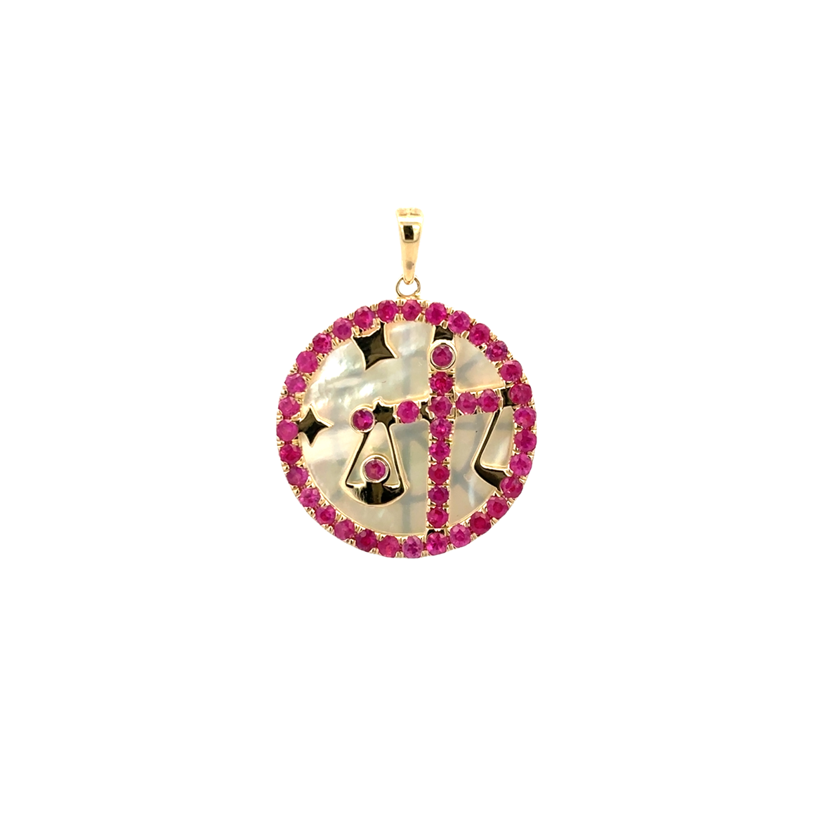 PINK SAPPHIRE AND MOTHER OF PEARL LIBRA ZODIAC SET IN 14K YELLOW GOLD