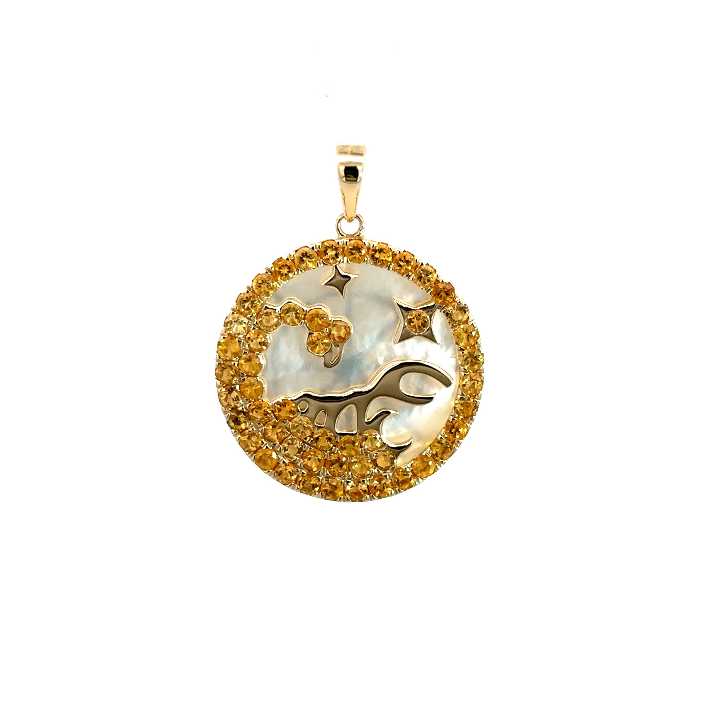 CITRINE AND MOTHER OF PEARL SCORPIO ZODIAC CHARM SET IN 14K YELLOW GOLD