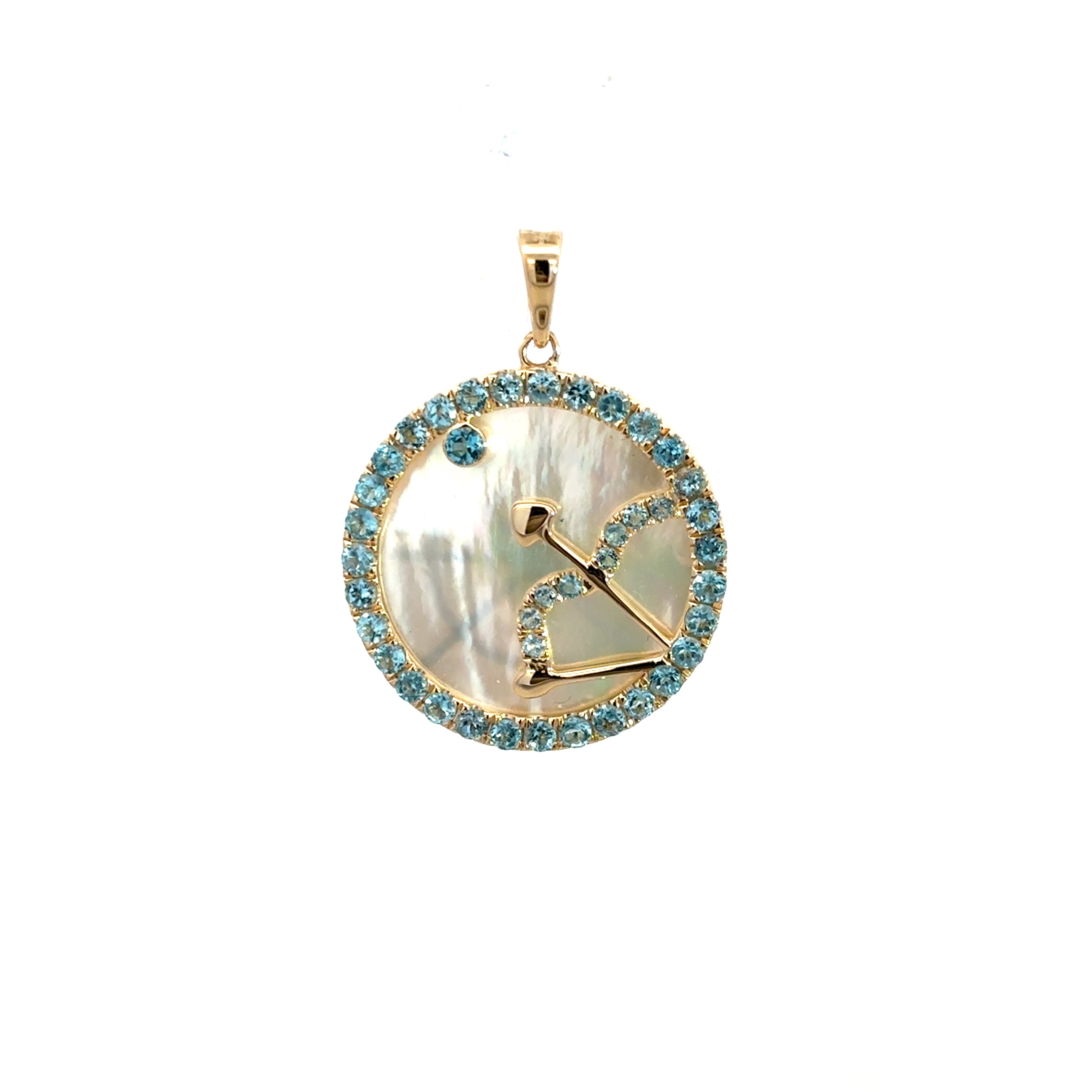 BLUE TOPAZ AND MOTHER OF PEARLS SAGITTARIUS ZODIAC CHARM SET IN 14K YELLOW GOLD