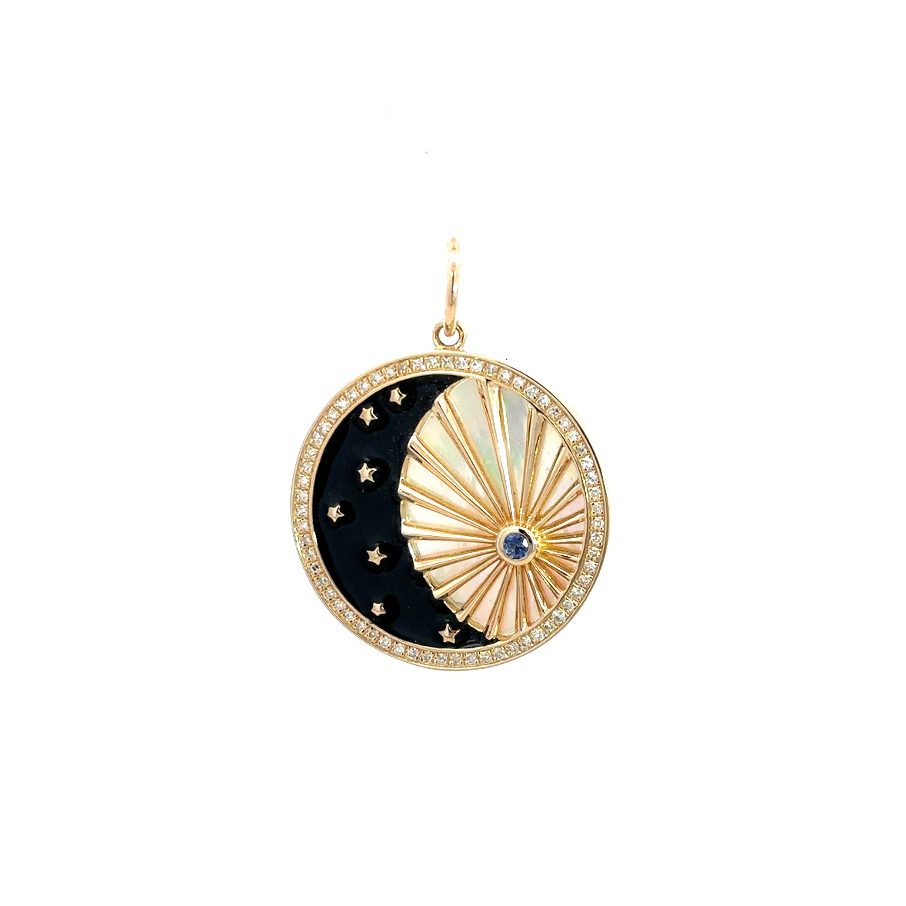 BLUE SAPPHIRE WITH DIAMONDS MOON AND SUN CHARM SET IN 14K YELLOW GOLD