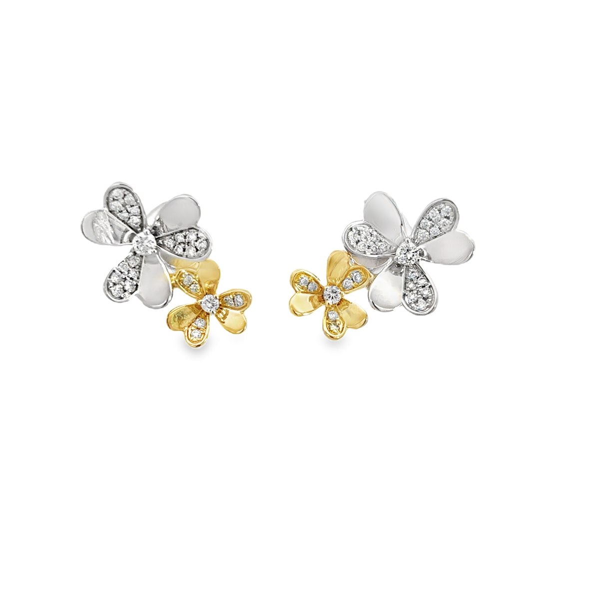 DIAMOND FLOWERS EARRINGS SET IN 14K YELLOW AND WHITE GOLD