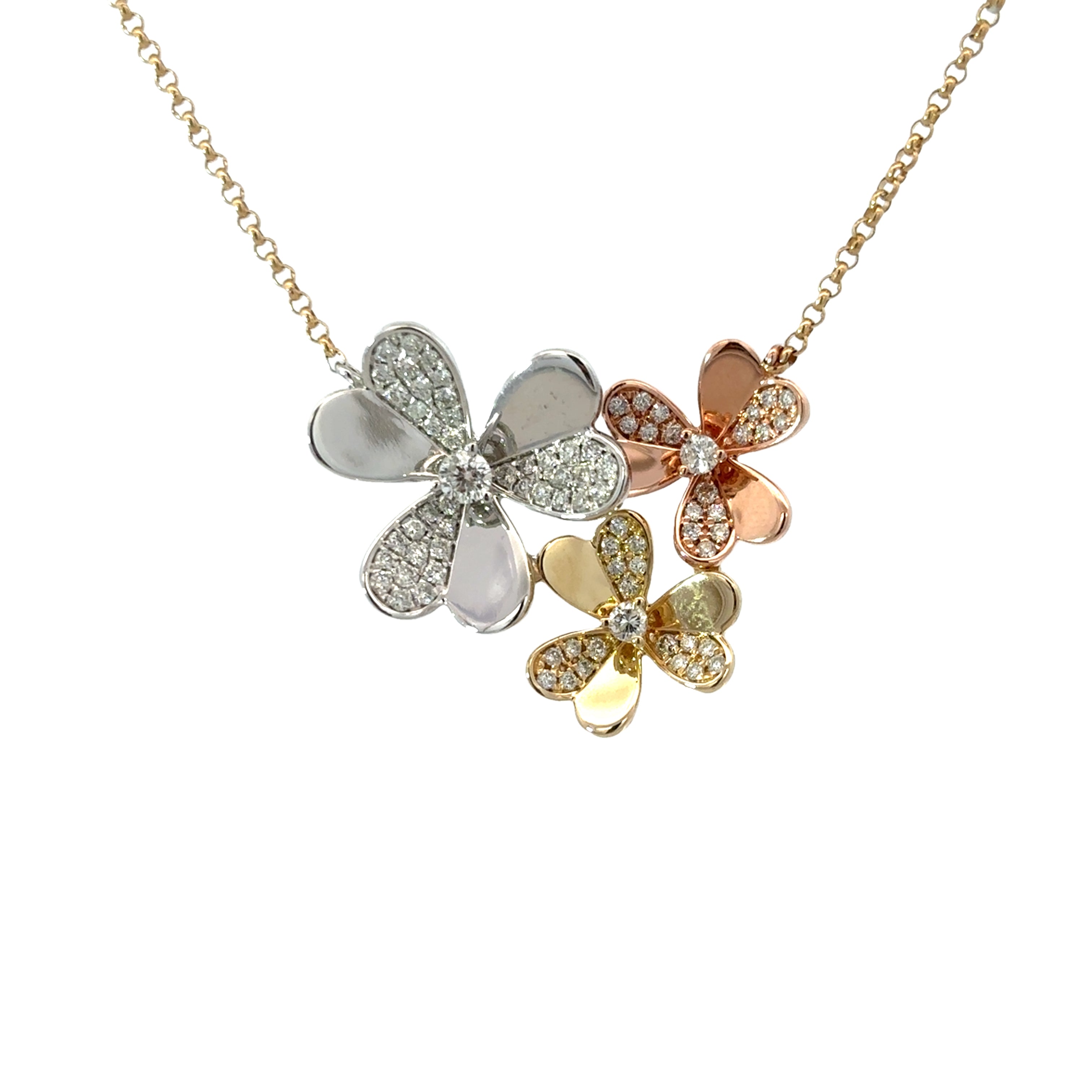 DIAMOND THREE HEART FLOWER NECKLACE SET IN 14K YELLOW GOLD