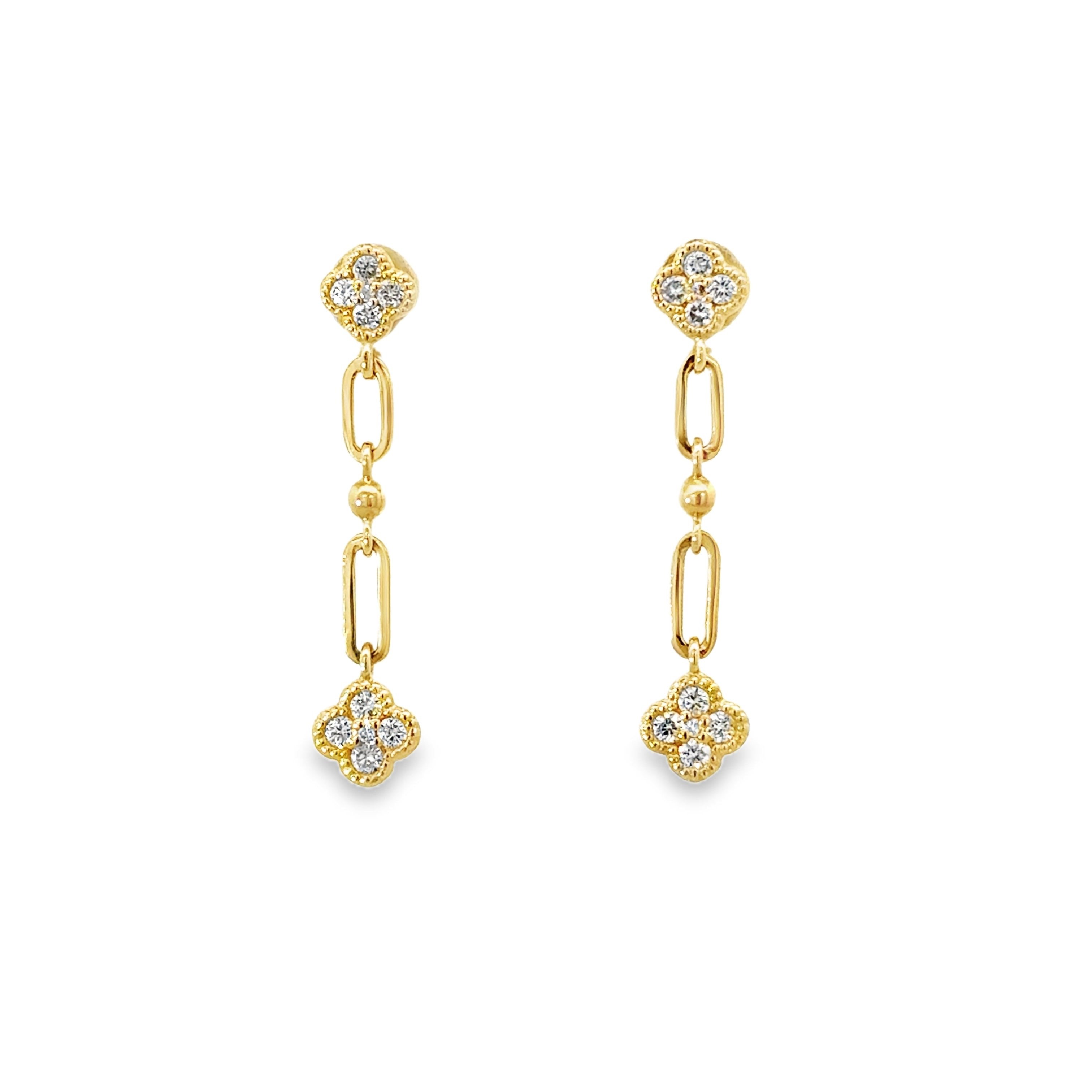 DIAMOND CLOVER CHAIN EARRINGS SET IN 14K YELLOW GOLD