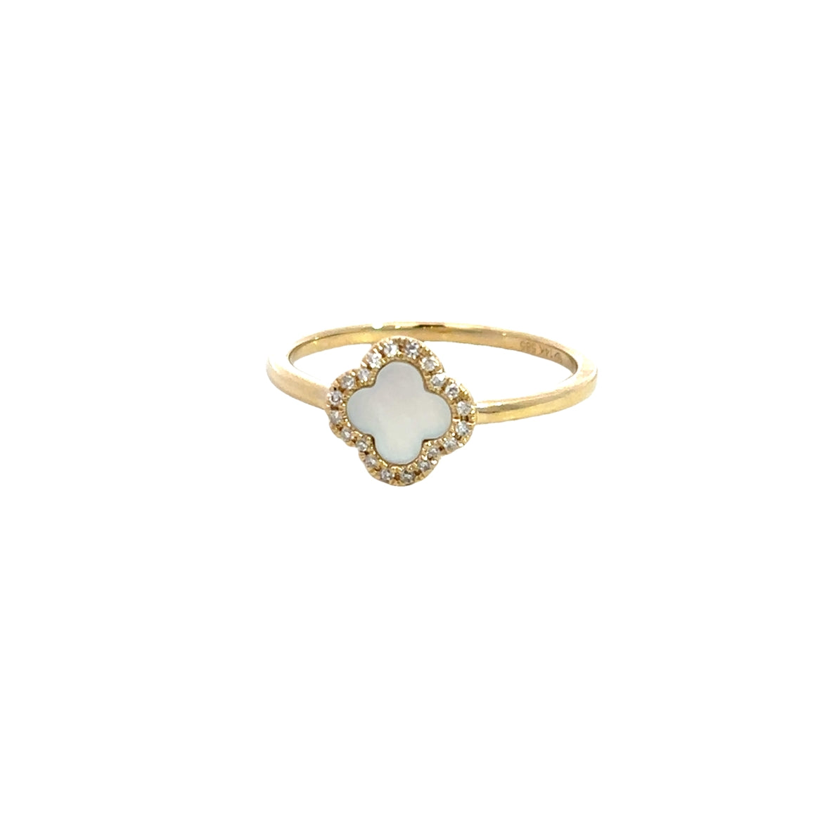 MOTHER OF PEARL CLOVER RING WITH DIAMOND HALO SET IN 14K YELLOW GOLD