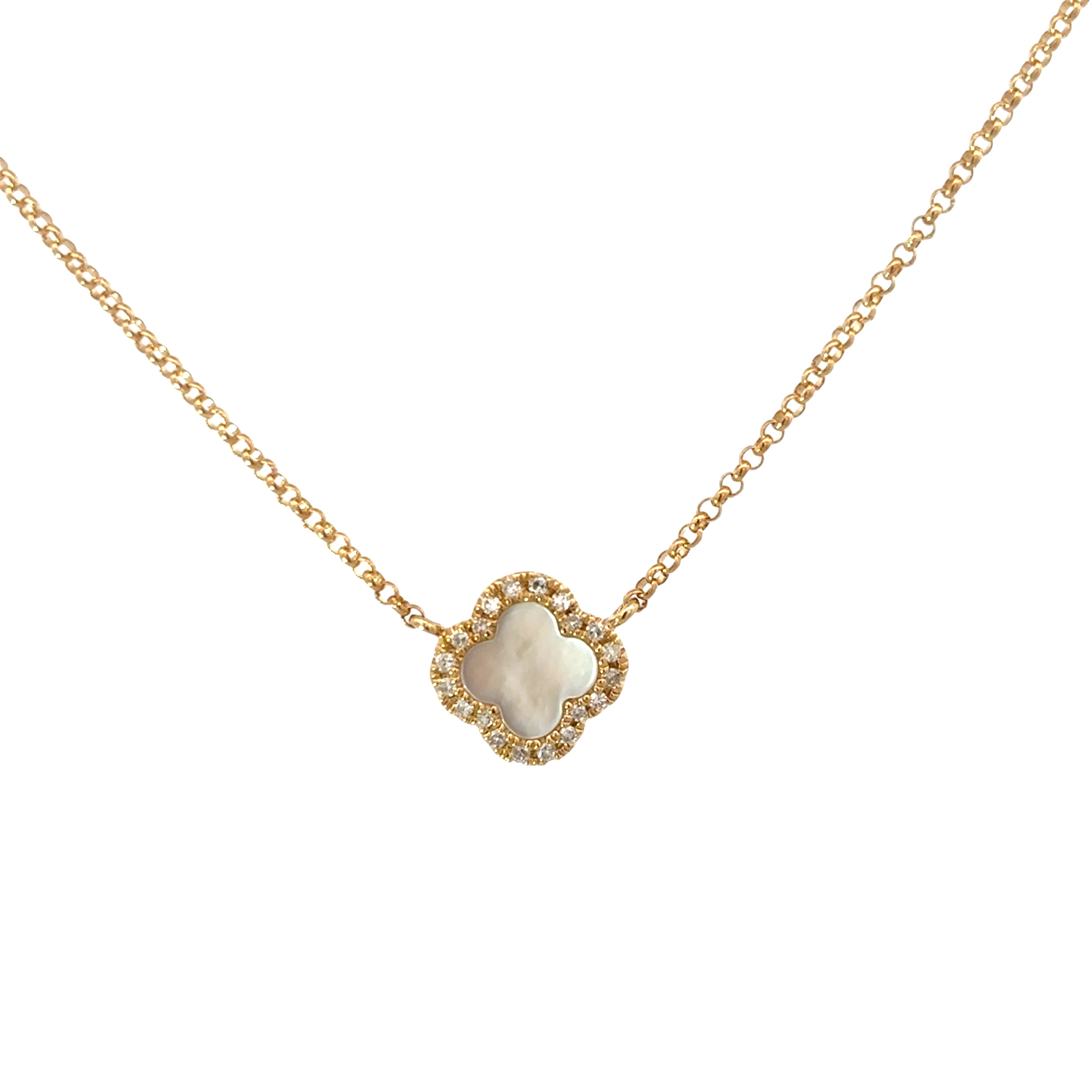 MOTHER OF PEARL WITH DIAMOND HALO CLOVER NECKLACES ET IN 14K YELLOW GOLD